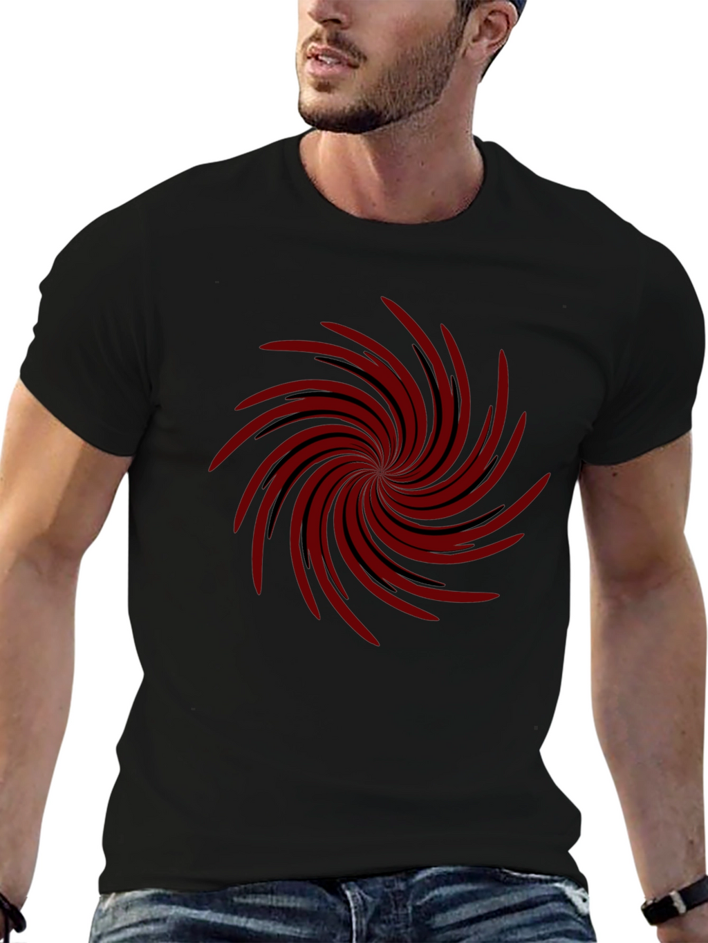 Mens Black T-shirt with Red Spiral Design