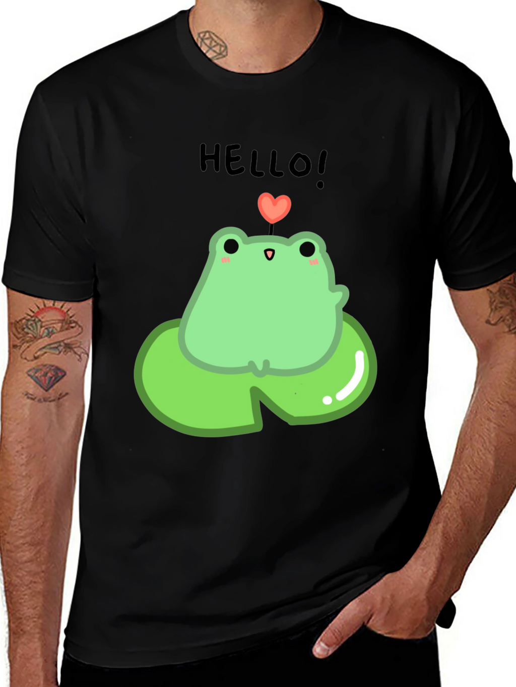 Cute Frog on Lily Pad Graphic Tee - Black