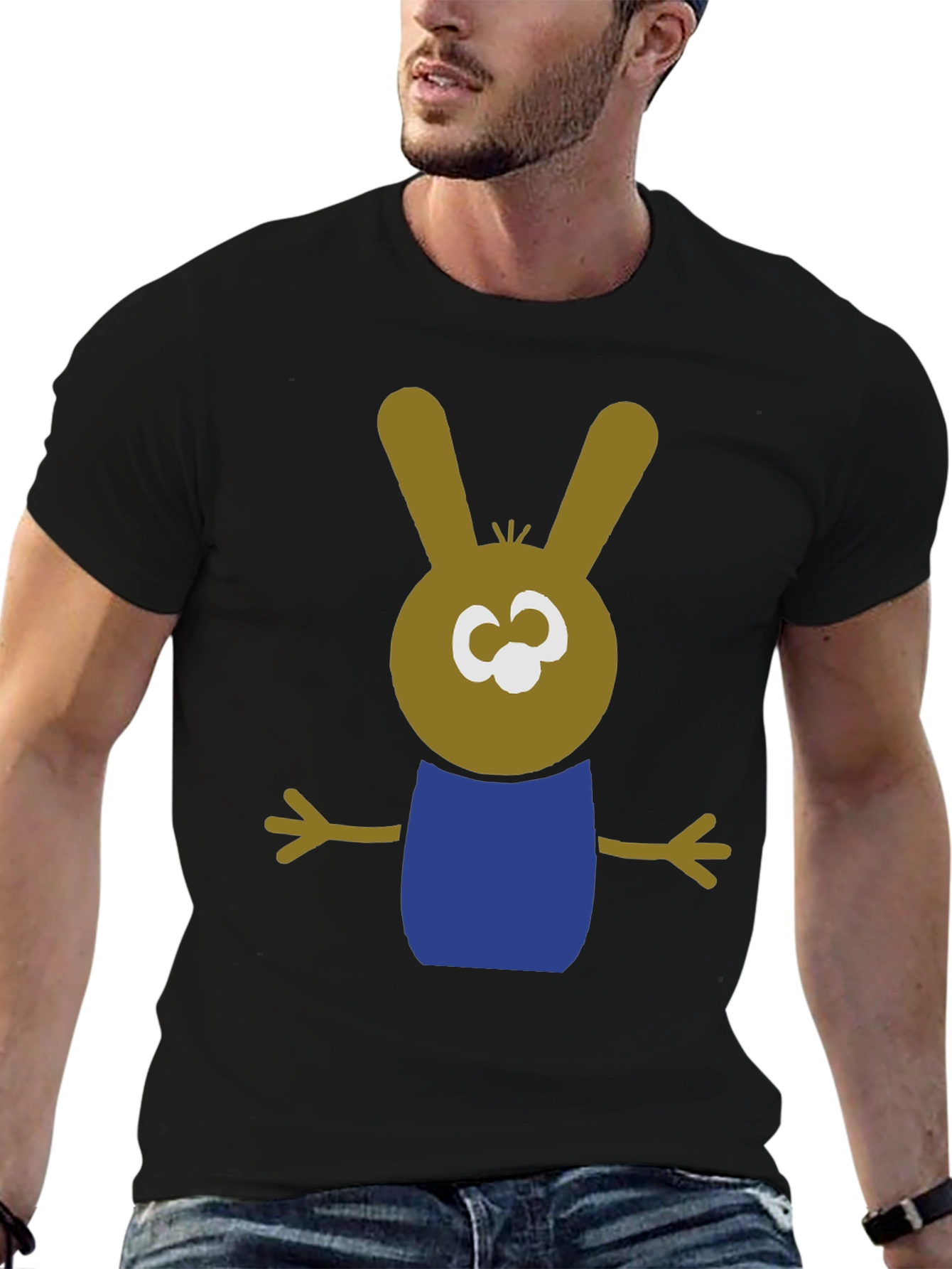 Cartoon Bunny Graphic Tee - Black Cotton Blend Shirt