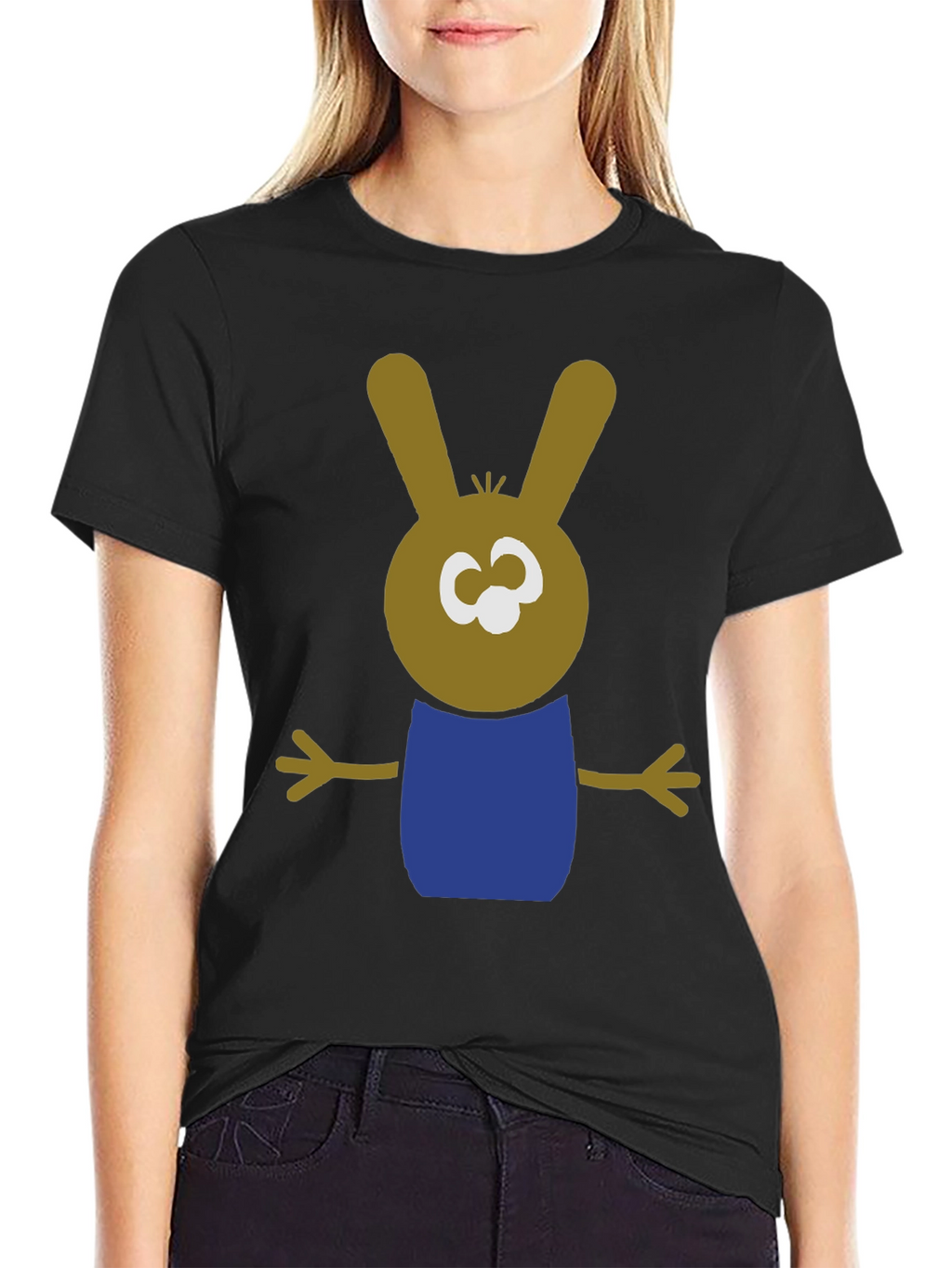 Cartoon Bunny Graphic Tee - Black Cotton Blend Shirt