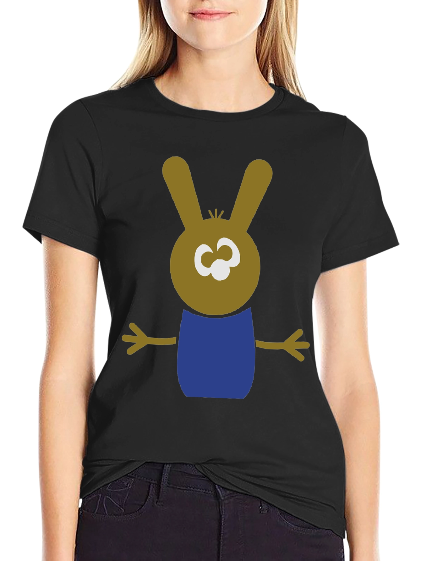 Cartoon Bunny Graphic Tee - Black Cotton Blend Shirt