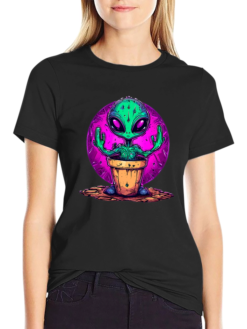 Alien in Pot Graphic Tee - Black Cotton T-Shirt