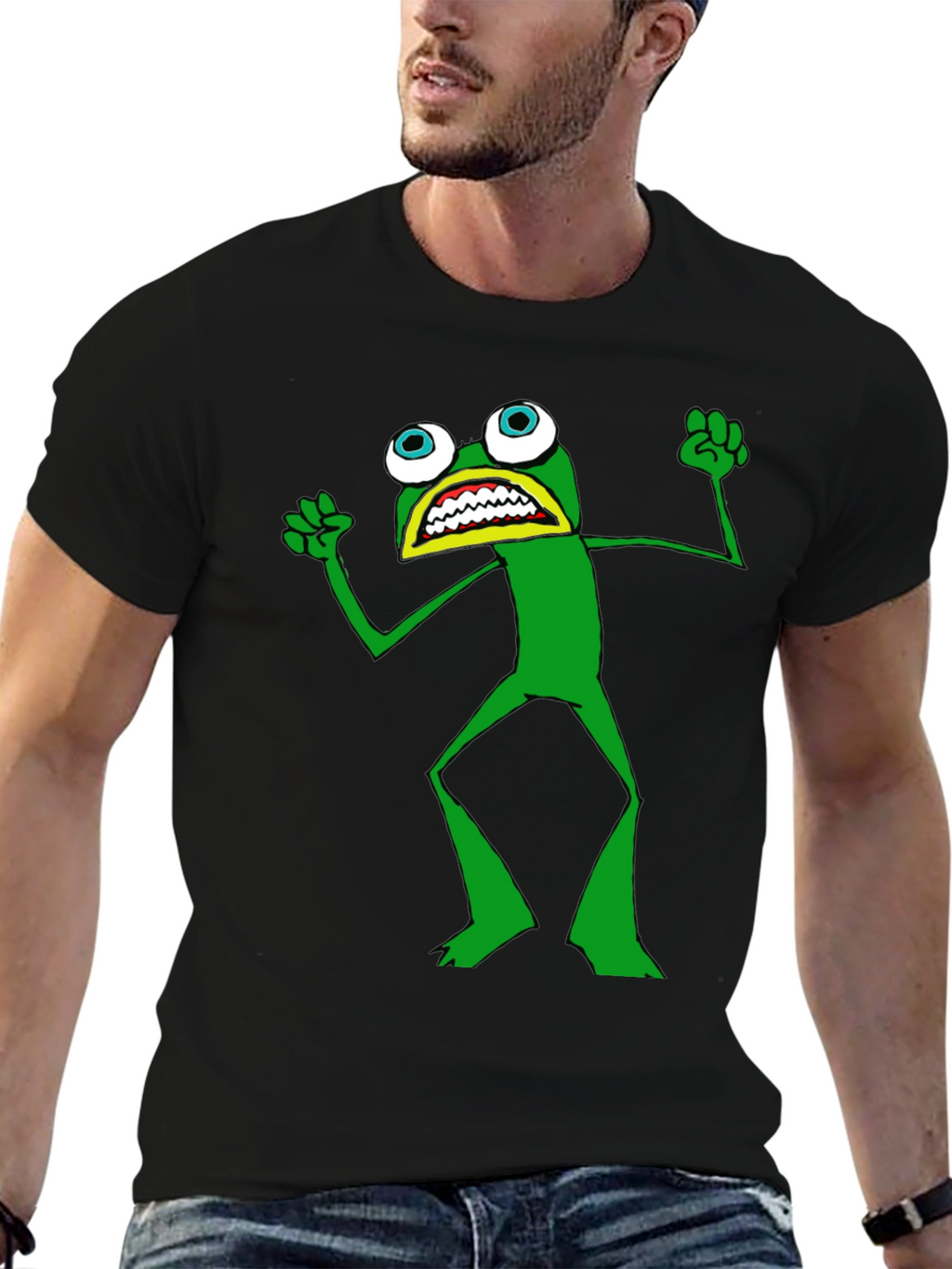 Frog T-Shirt - Black Crew Neck Funny Cartoon