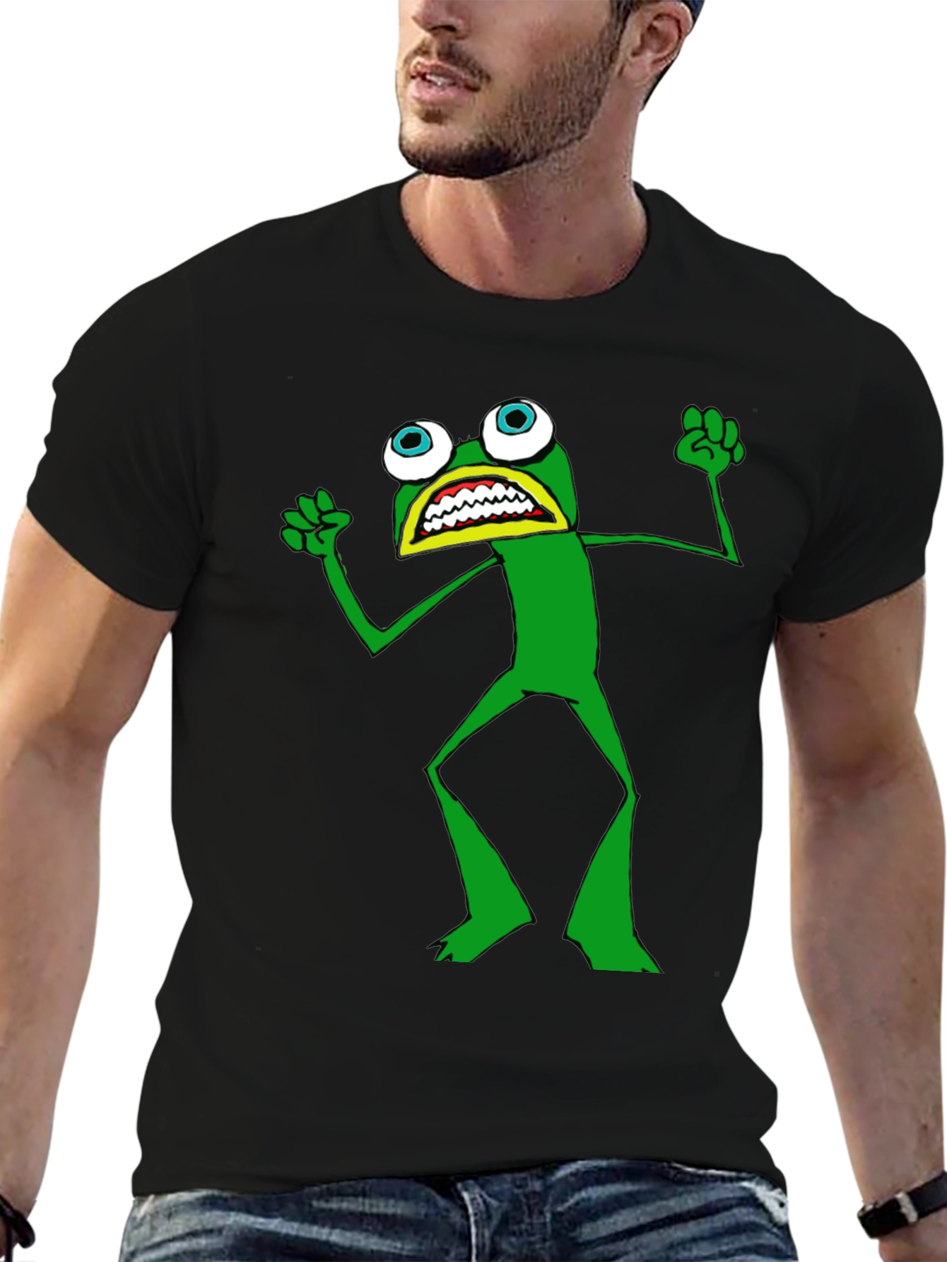 Frog T-Shirt - Black Crew Neck Funny Cartoon