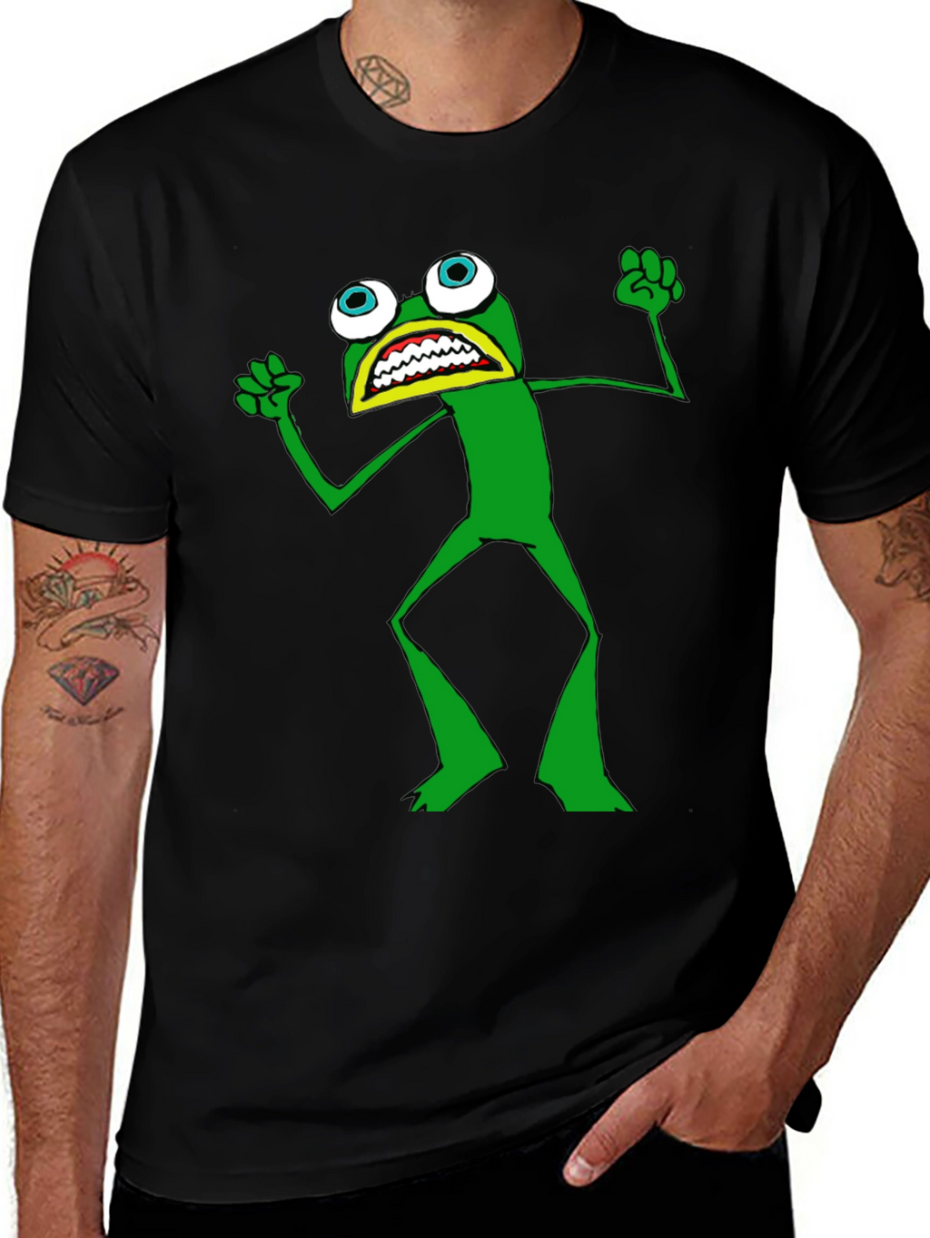 Frog T-Shirt - Black Crew Neck Funny Cartoon