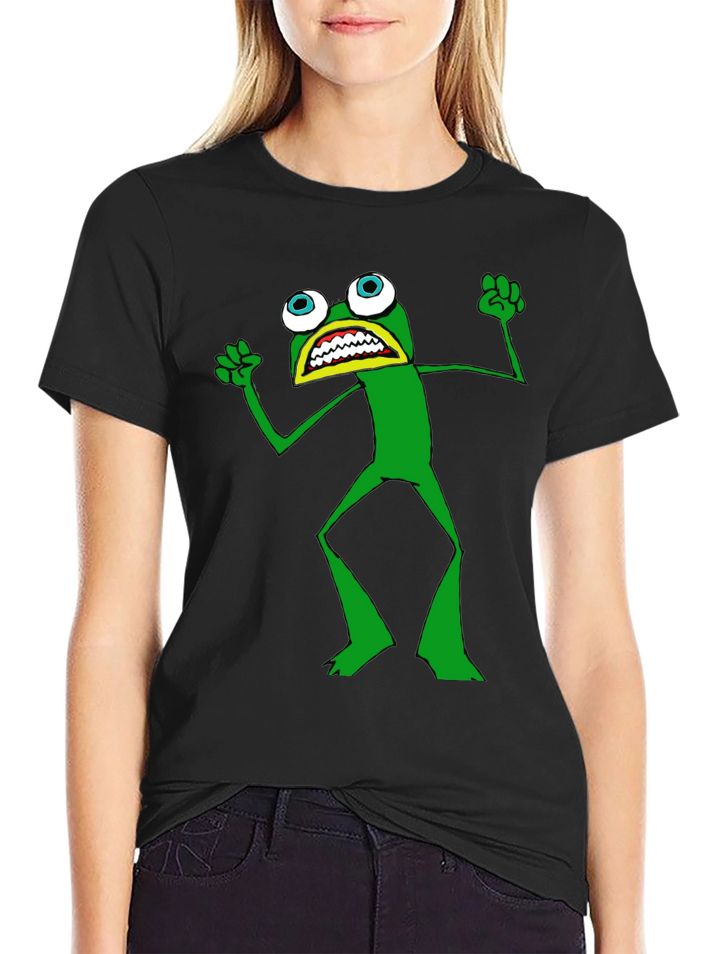 Frog T-Shirt - Black Crew Neck Funny Cartoon