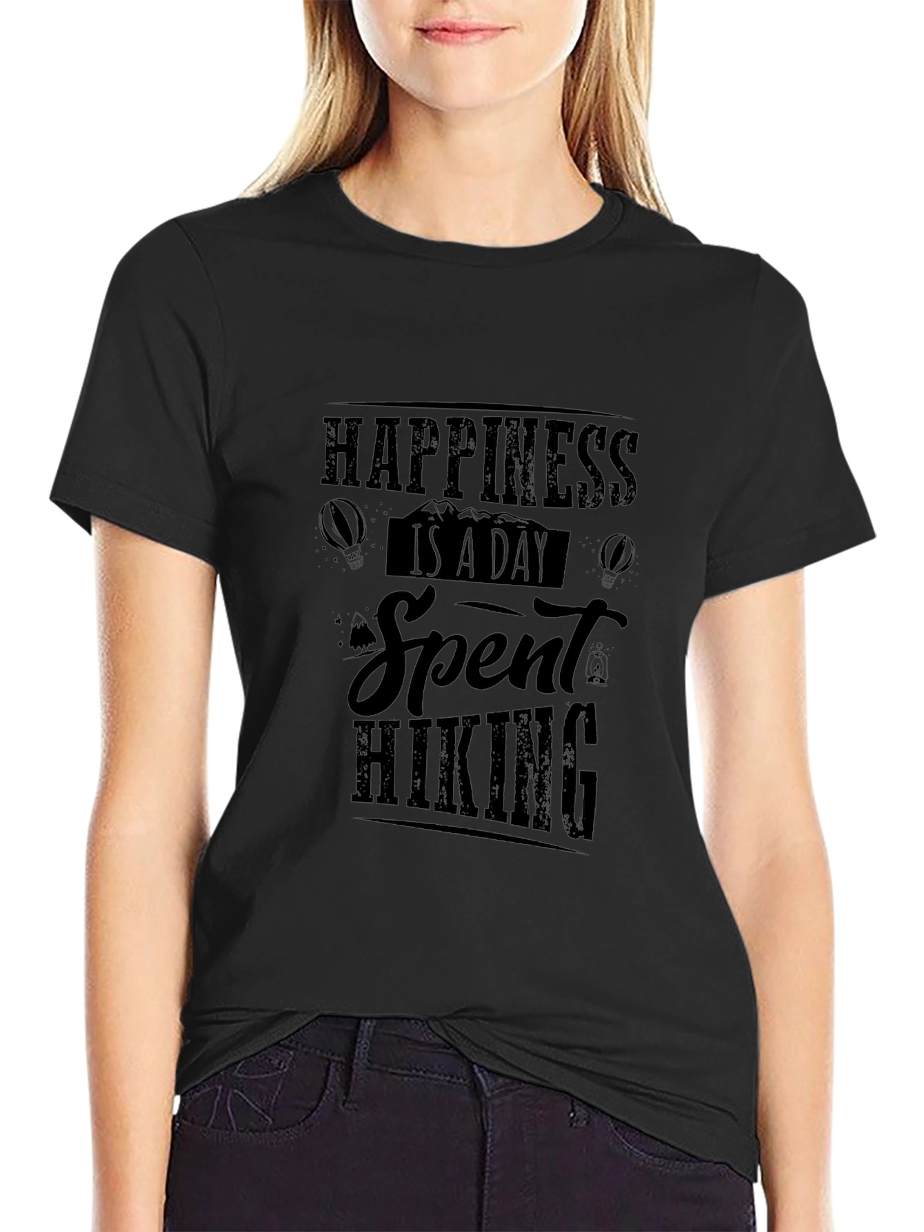 Happiness Hiking T-Shirt Black Cotton Tee