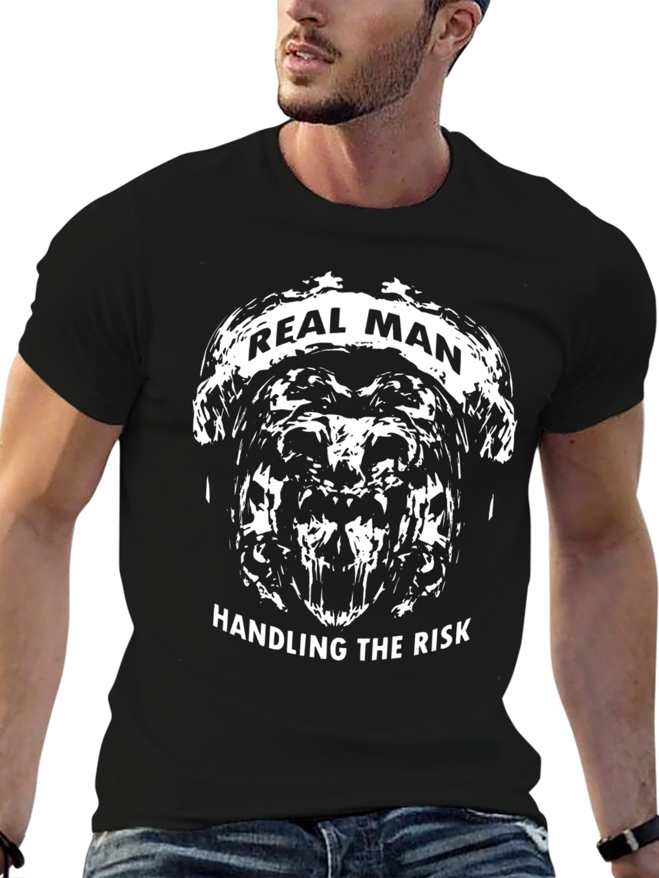 Real Man Handling the Risk Black Graphic T-Shirt