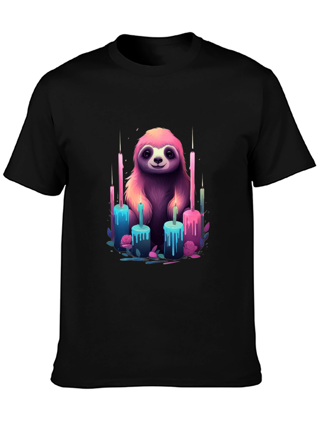 Sloth & Candles Graphic Tee - Black Cotton T-Shirt
