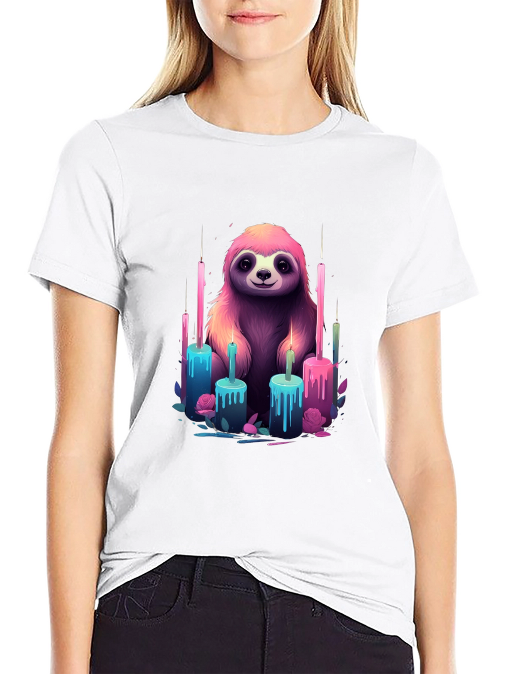 Sloth & Candles Graphic Tee - Black Cotton T-Shirt