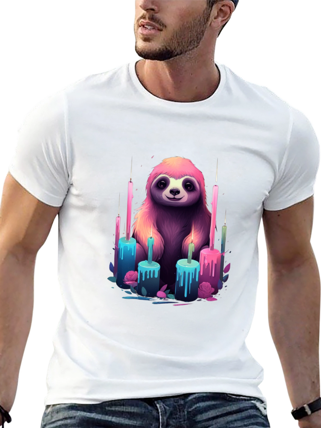 Sloth & Candles Graphic Tee - Black Cotton T-Shirt
