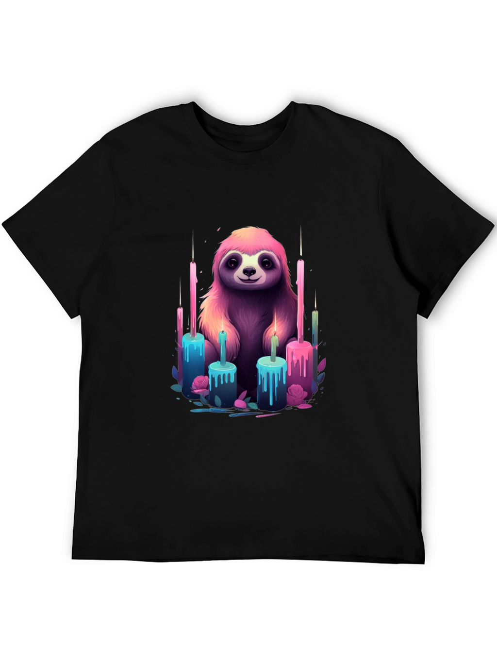 Sloth & Candles Graphic Tee - Black Cotton T-Shirt