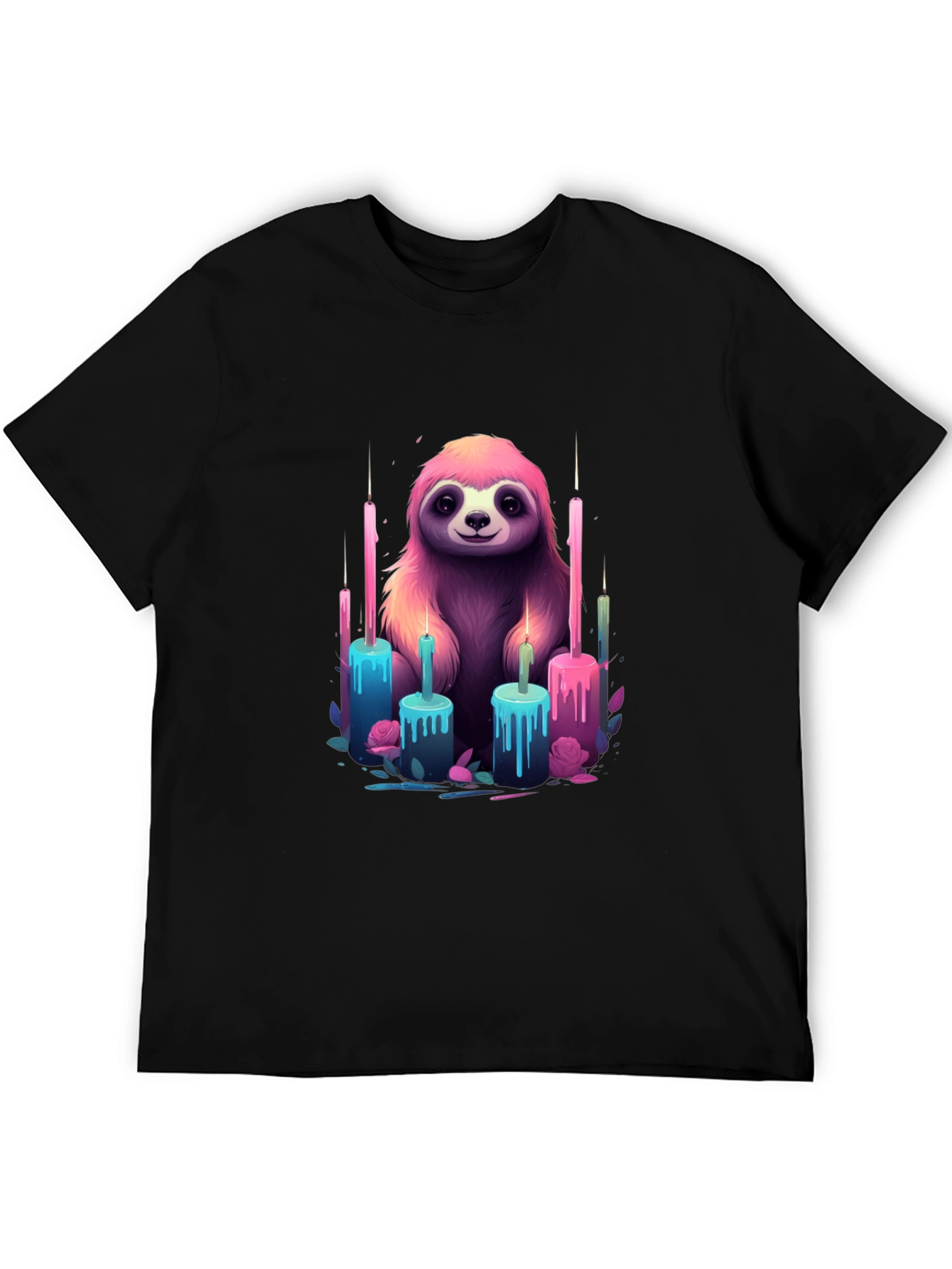 Sloth & Candles Graphic Tee - Black Cotton T-Shirt