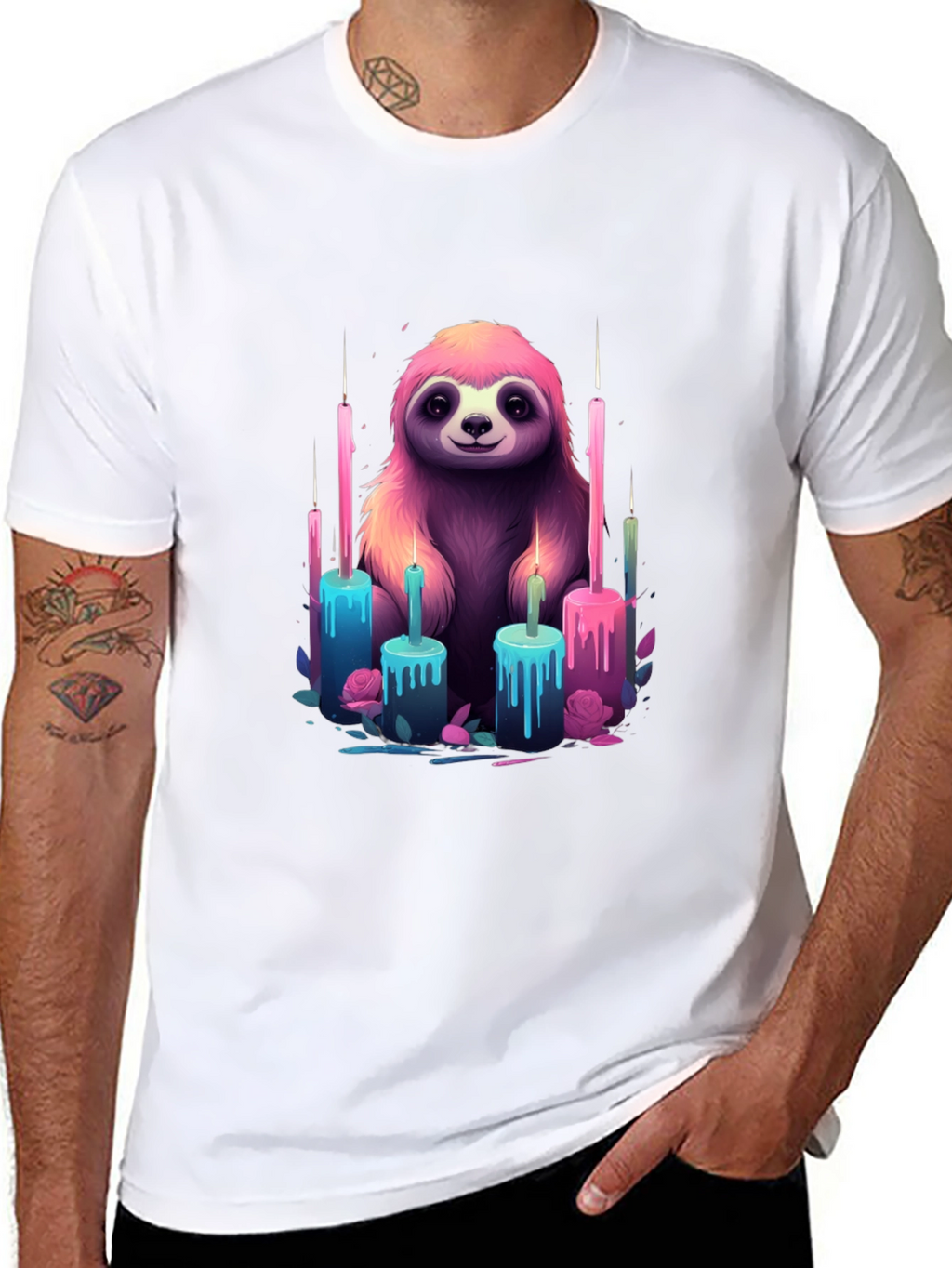Sloth & Candles Graphic Tee - Black Cotton T-Shirt