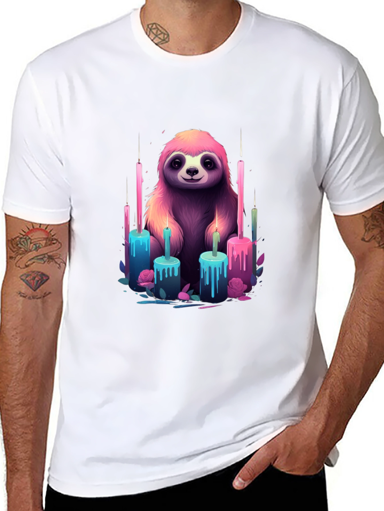 Sloth & Candles Graphic Tee - Black Cotton T-Shirt