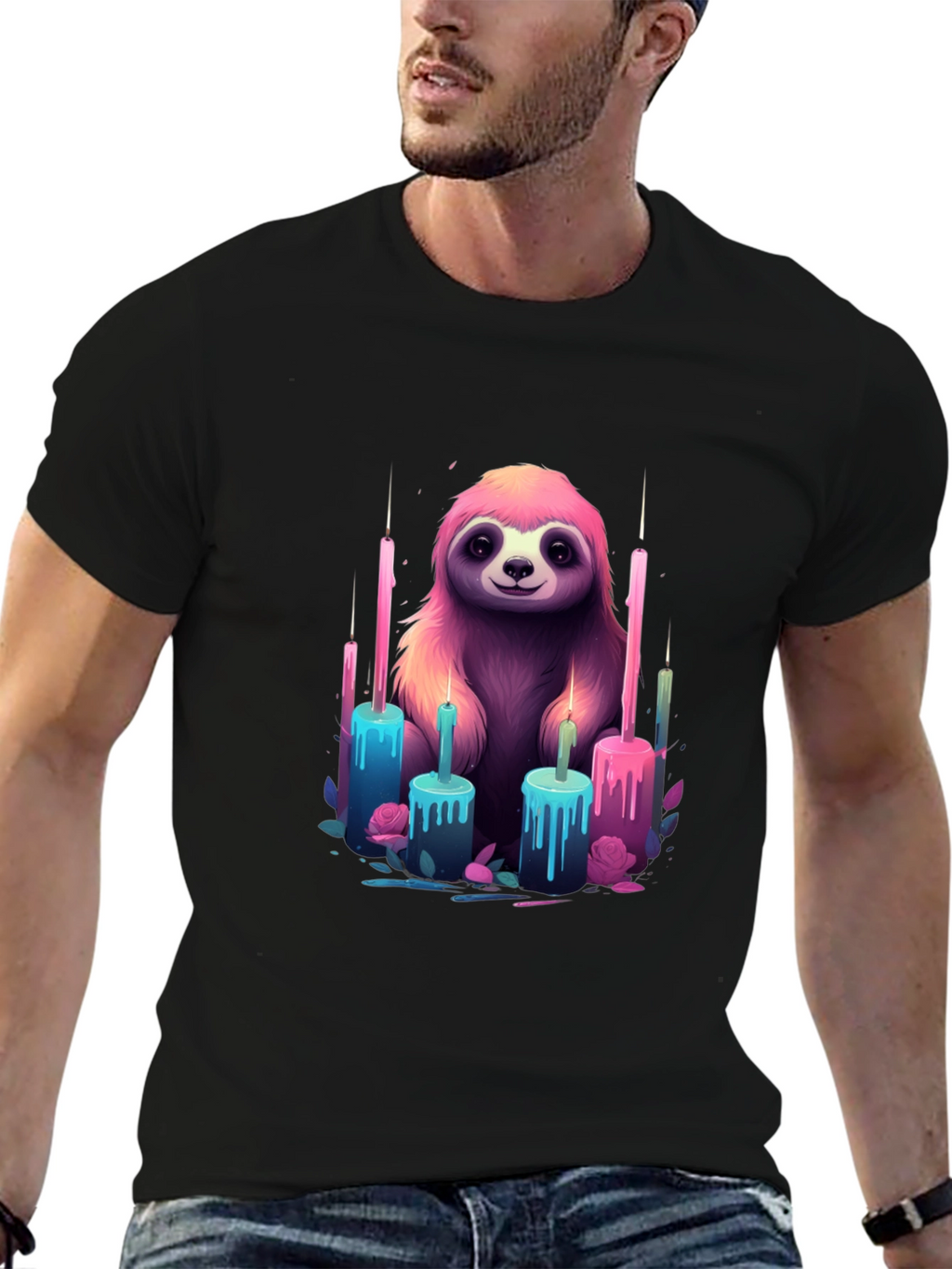 Sloth & Candles Graphic Tee - Black Cotton T-Shirt