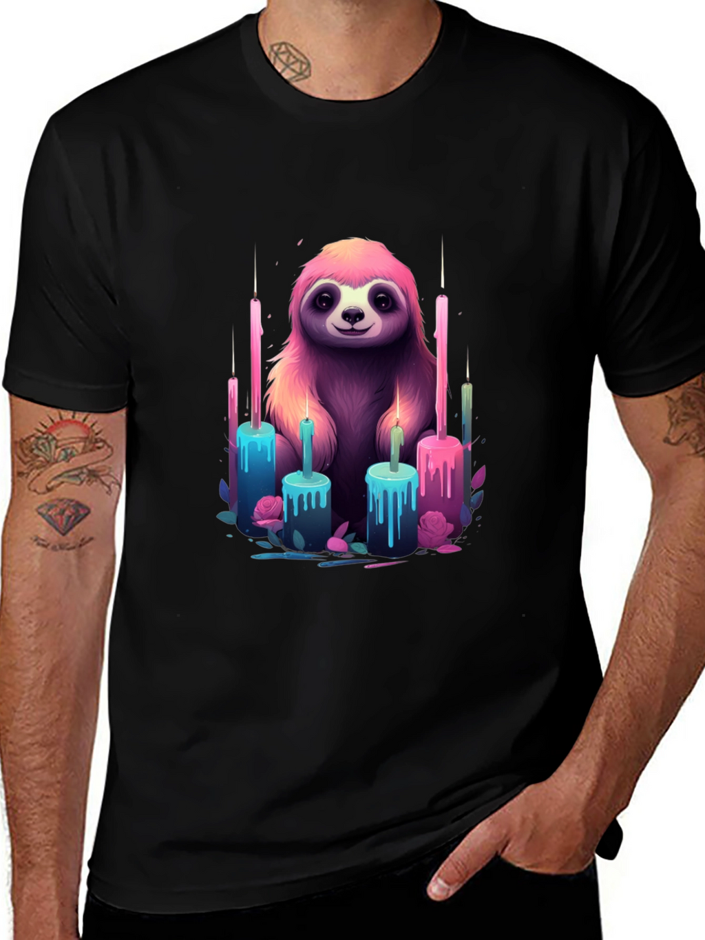 Sloth & Candles Graphic Tee - Black Cotton T-Shirt