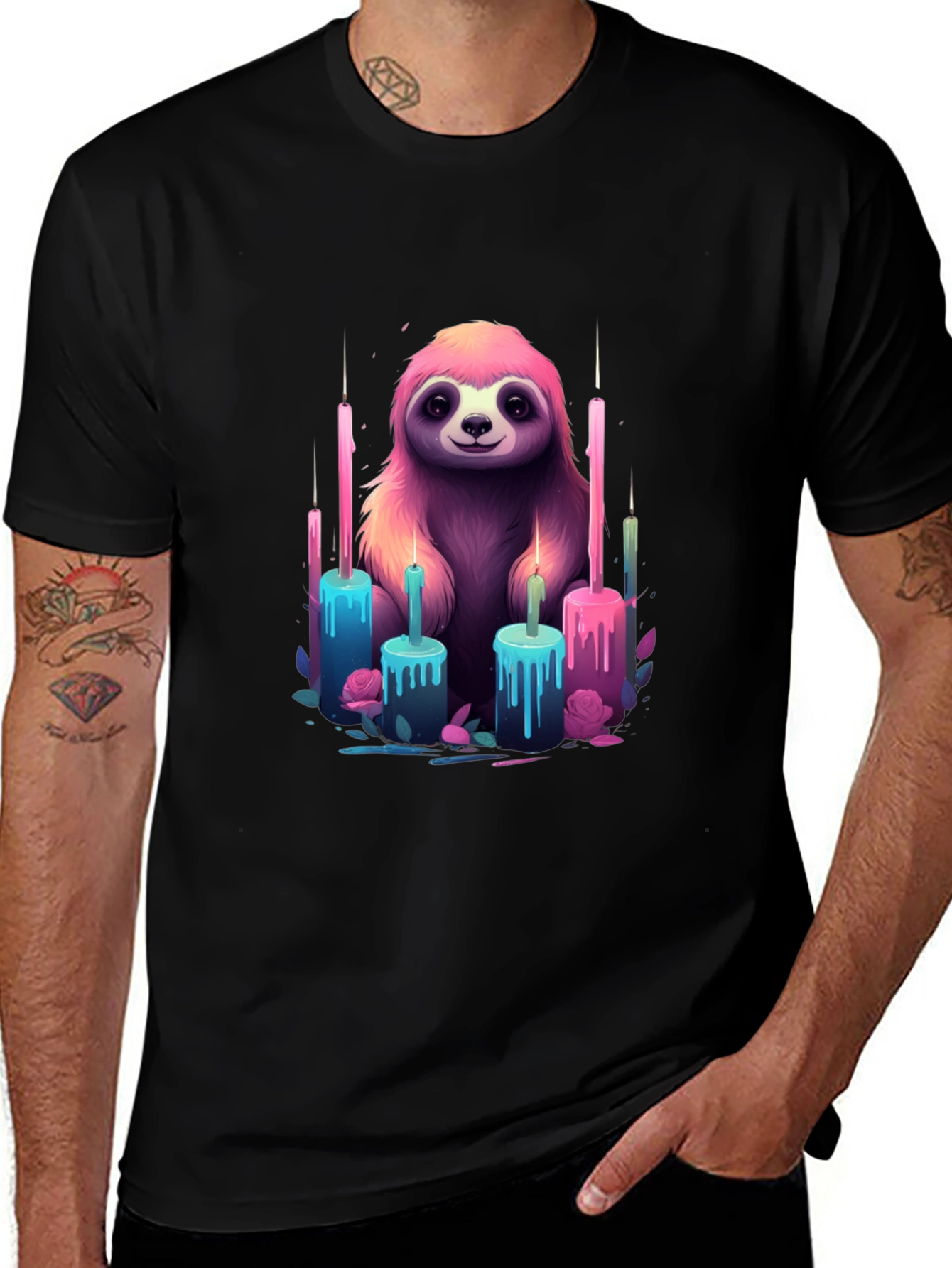 Sloth & Candles Graphic Tee - Black Cotton T-Shirt