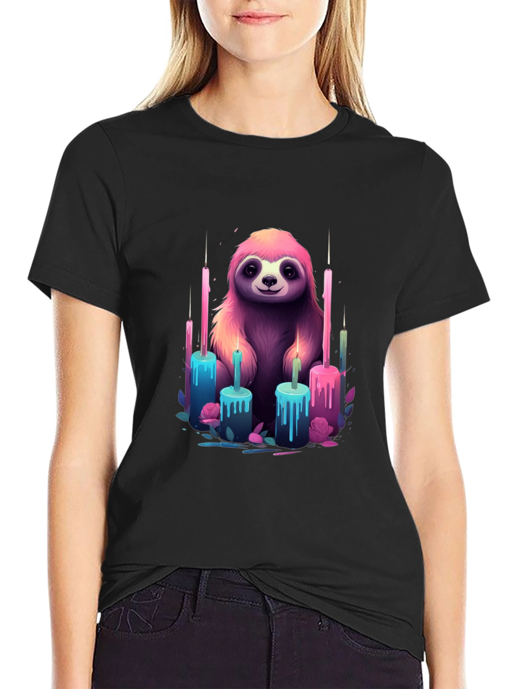Sloth & Candles Graphic Tee - Black Cotton T-Shirt