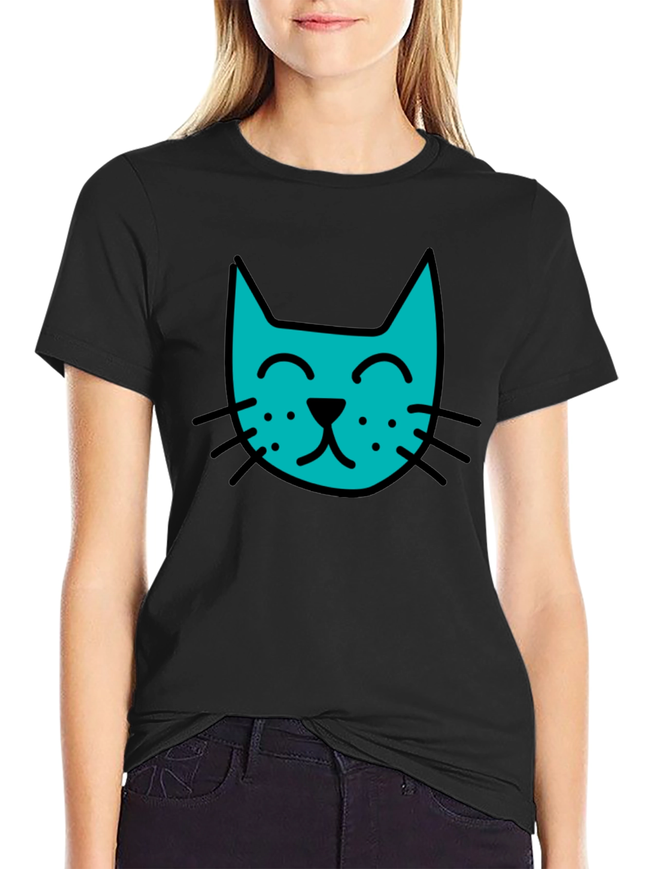 Cool Cat Tee - Black Cotton Blend Casual T-Shirt
