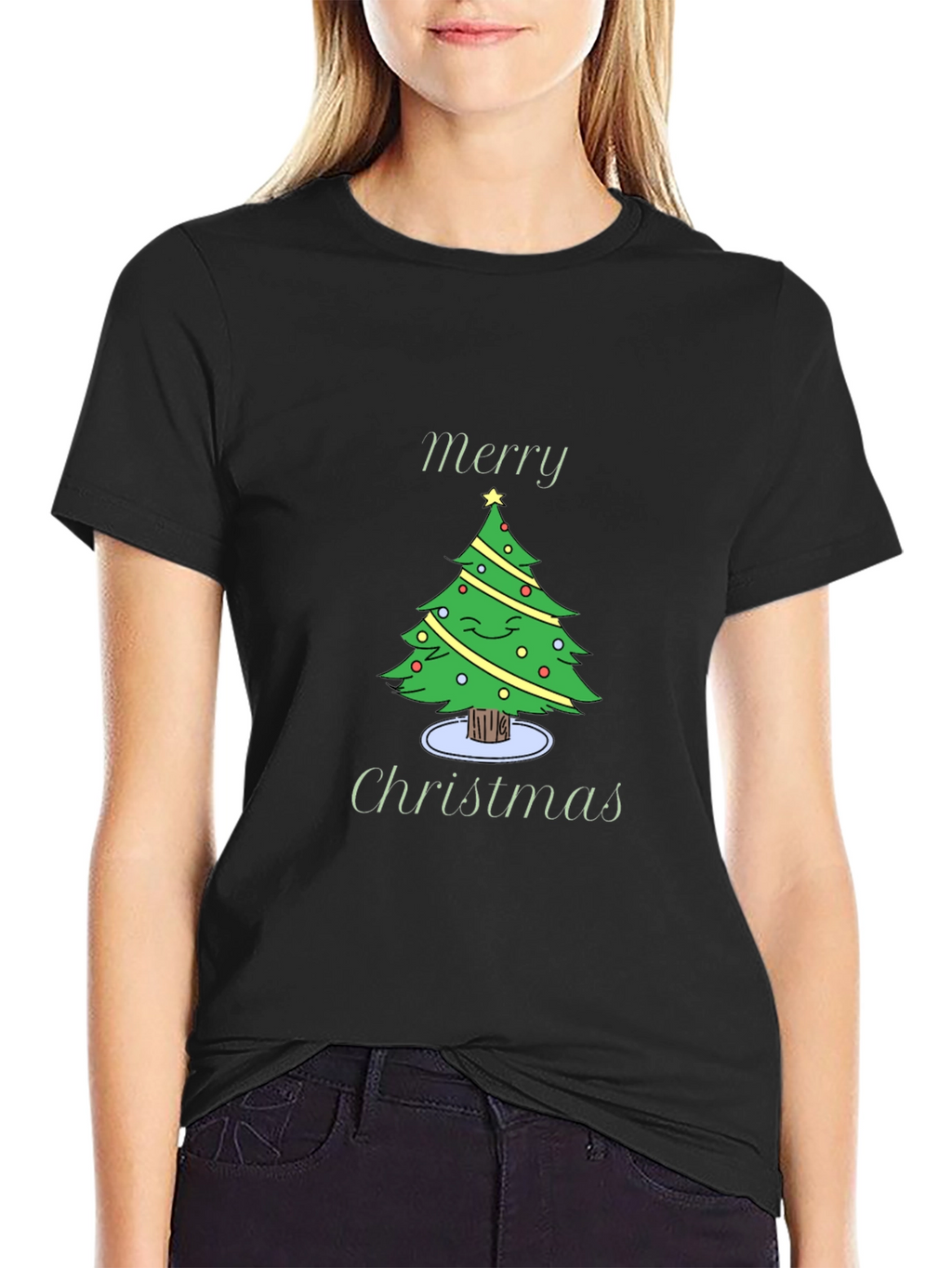 Merry Christmas Tree Graphic Black T-Shirt