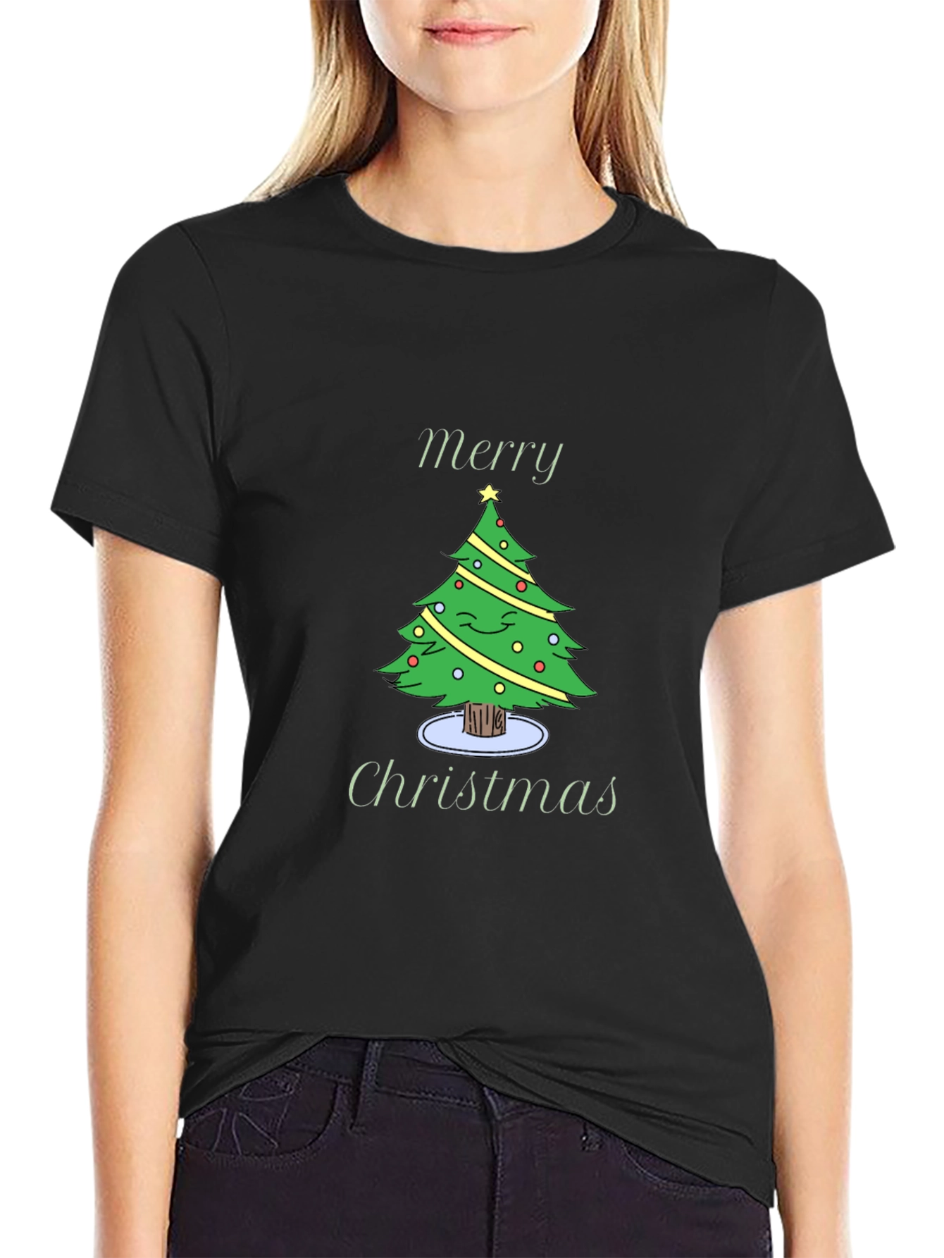 Merry Christmas Tree Graphic Black T-Shirt