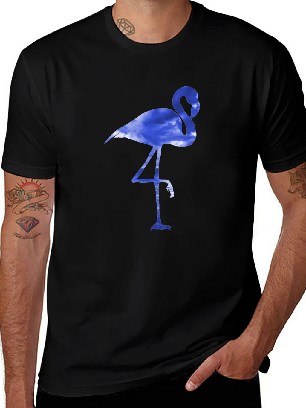 Mens Black T-Shirt with Blue Flamingo Design