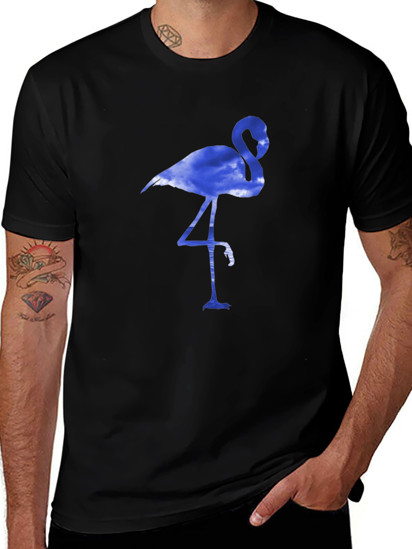Mens Black T-Shirt with Blue Flamingo Design