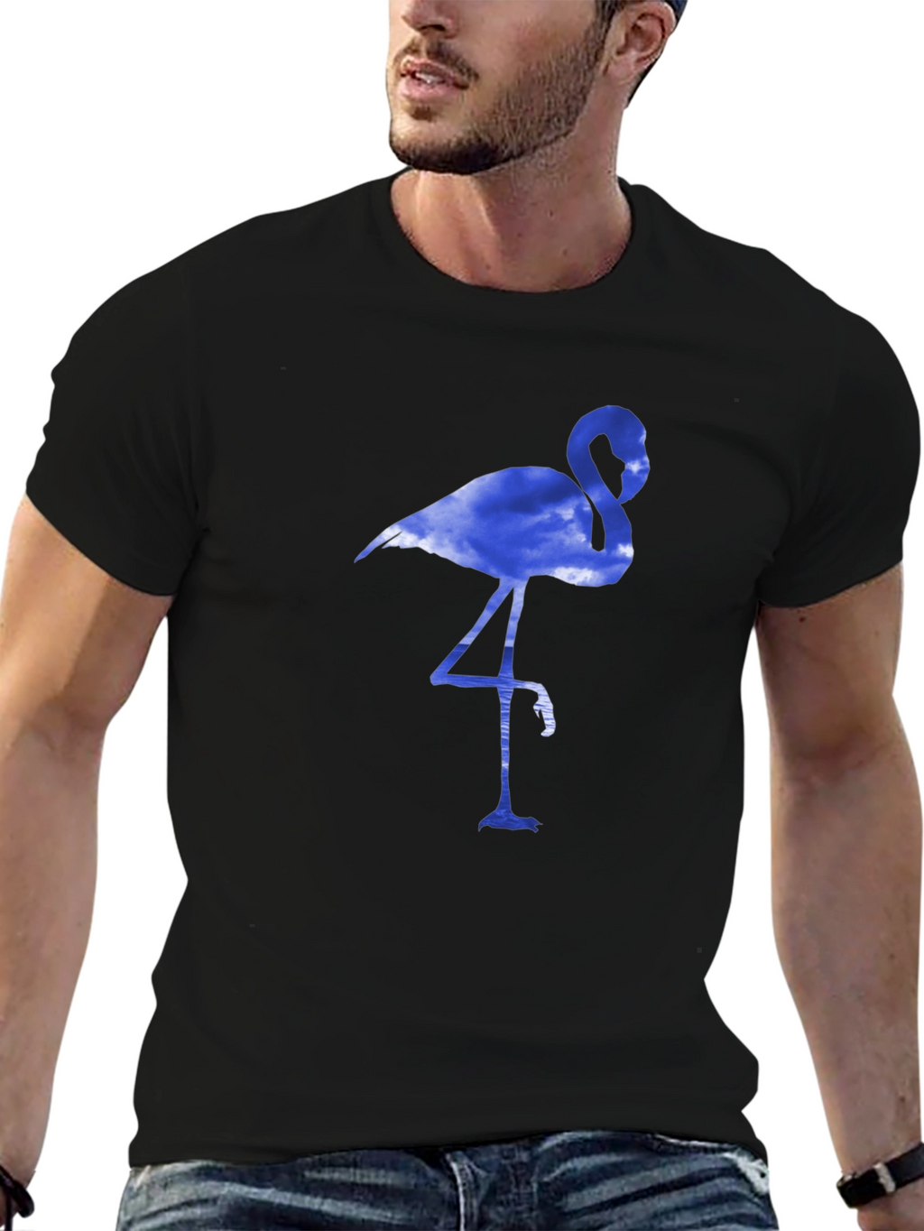 Mens Black T-Shirt with Blue Flamingo Design