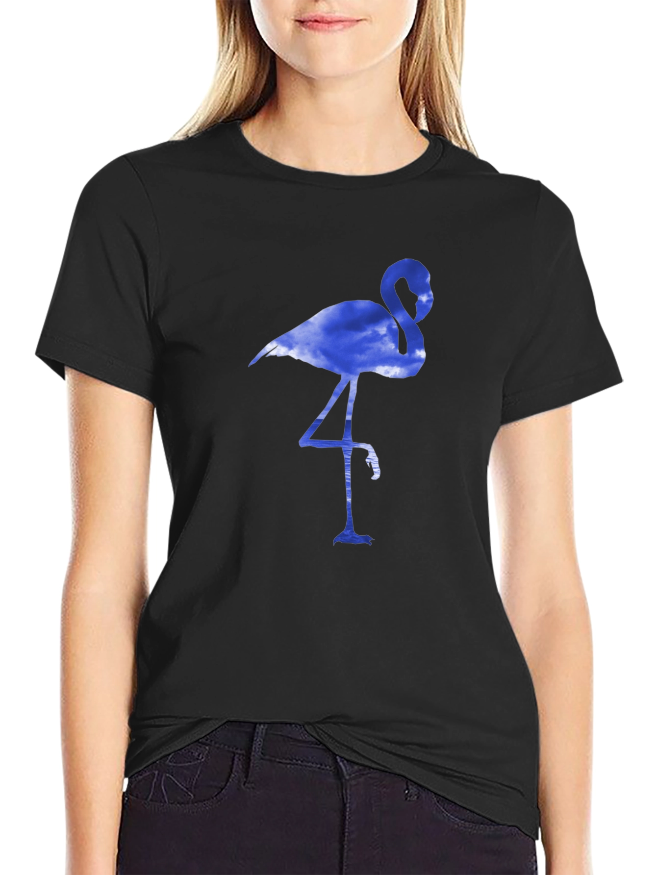 Mens Black T-Shirt with Blue Flamingo Design