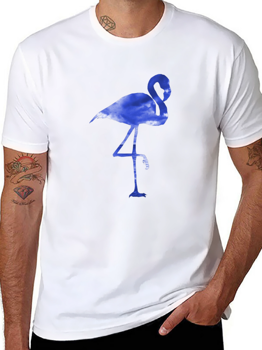 Mens Black T-Shirt with Blue Flamingo Design