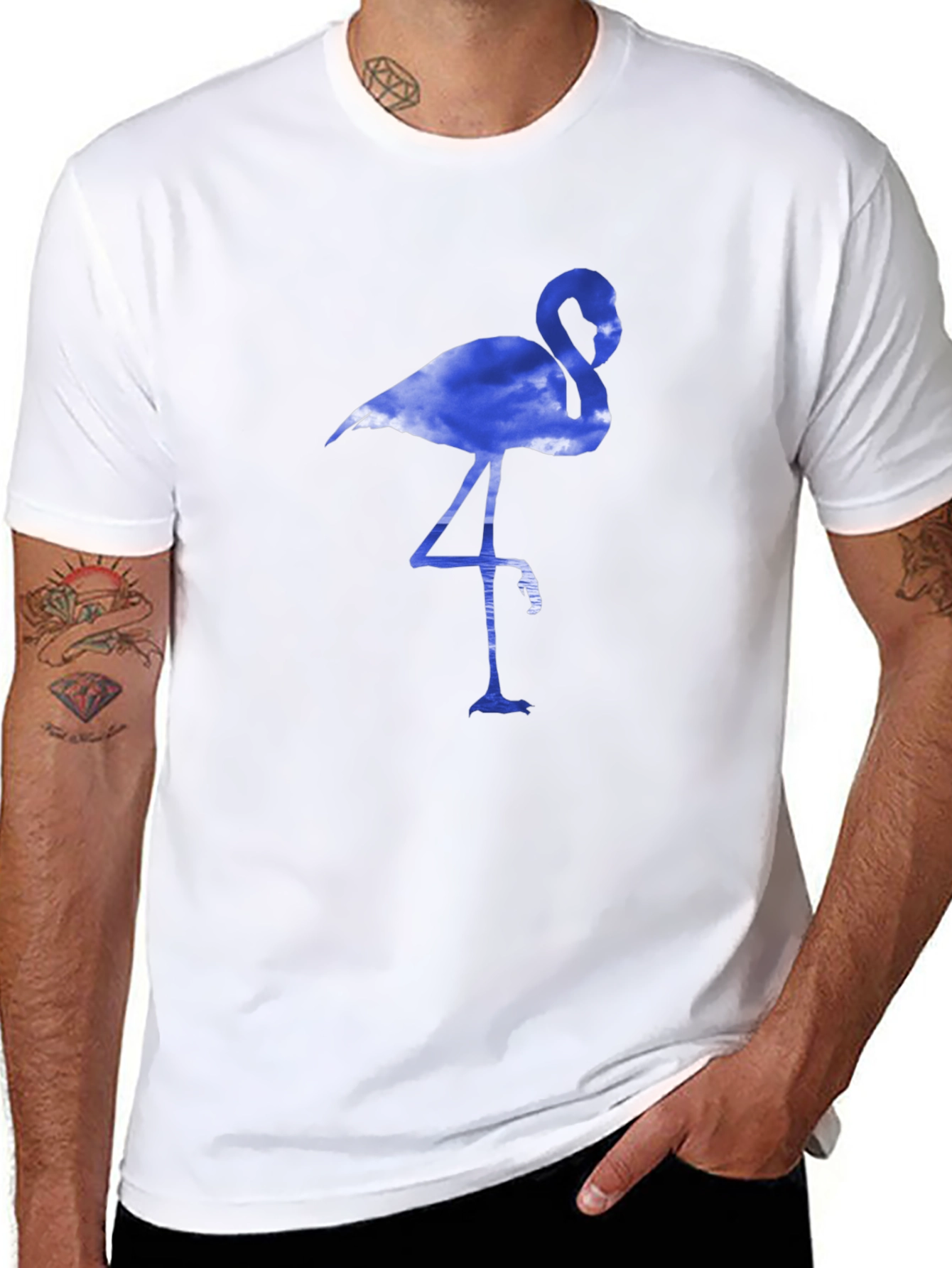 Mens Black T-Shirt with Blue Flamingo Design