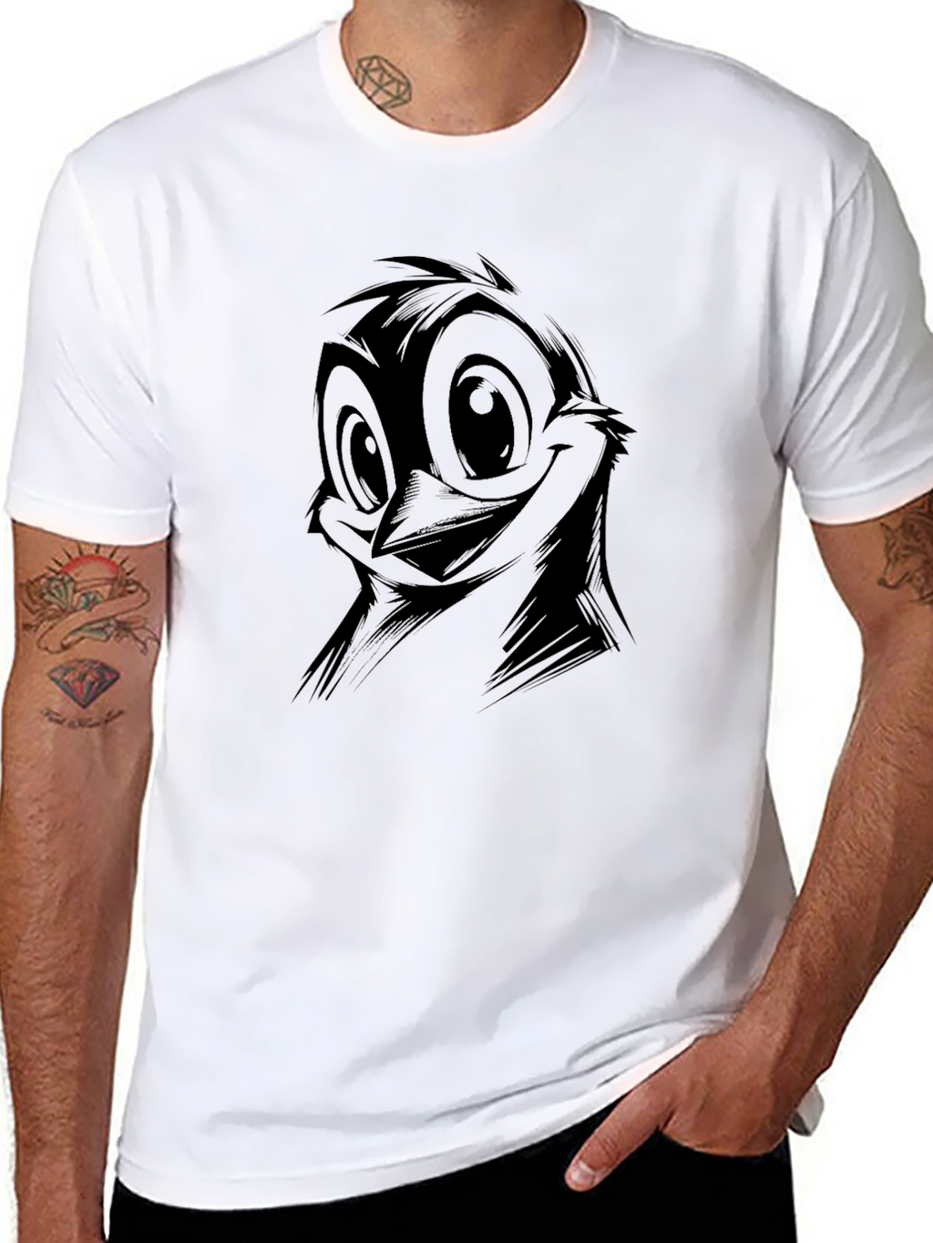 Quirky Cartoon Bird Graphic Black T-Shirt