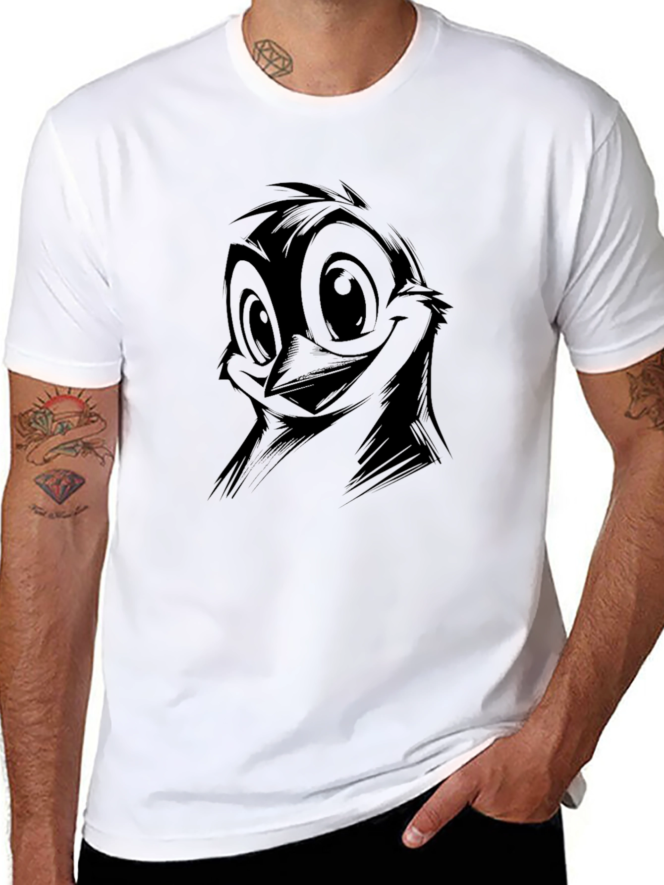 Quirky Cartoon Bird Graphic Black T-Shirt