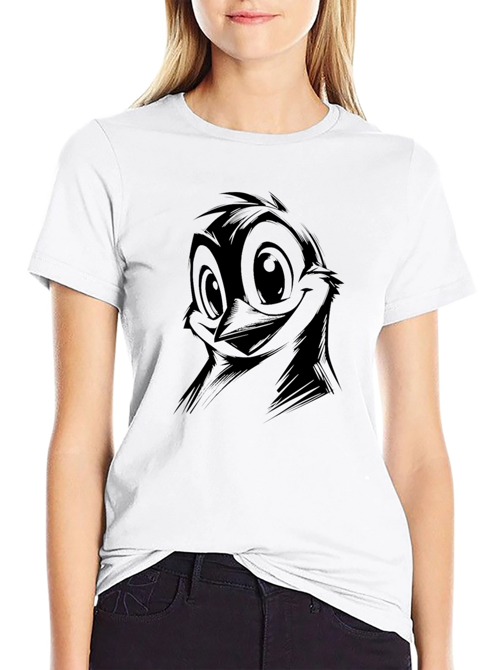 Quirky Cartoon Bird Graphic Black T-Shirt