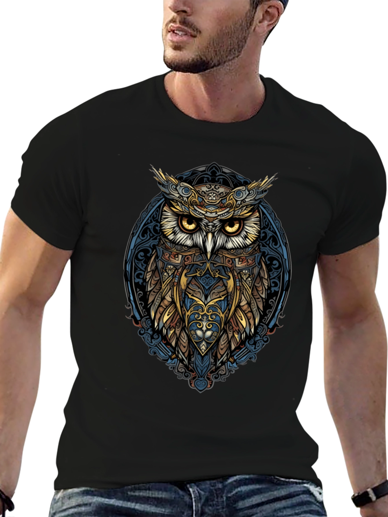 Owl Graphic Print Mens Black T-Shirt
