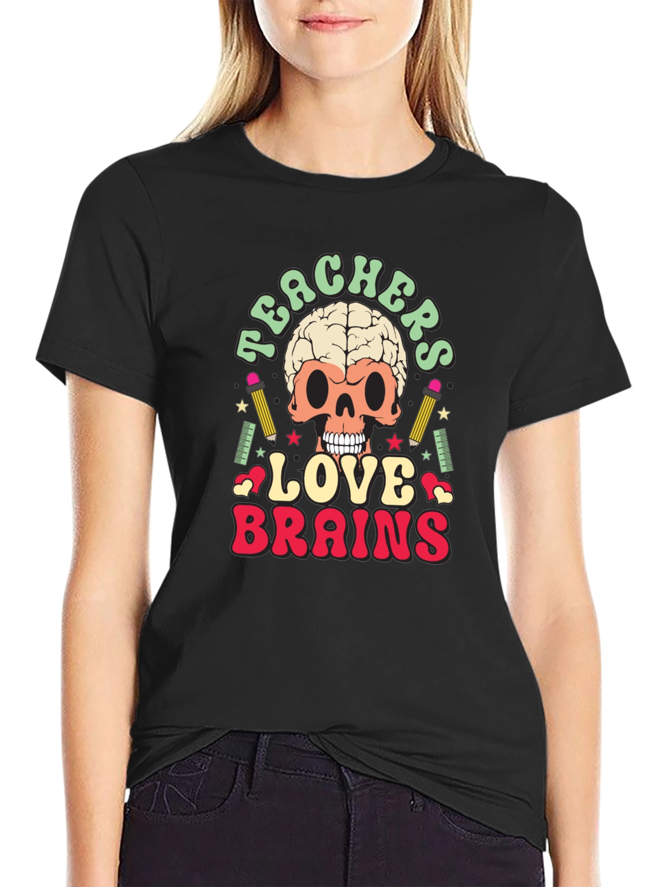 Teachers Love Brains Graphic Tee - Funny Skull T-Shirt