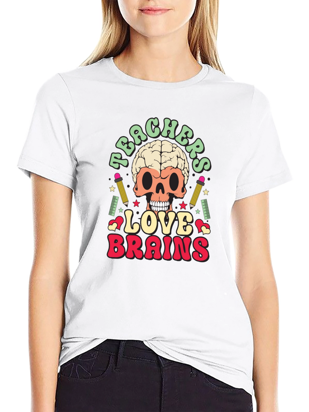 Teachers Love Brains Graphic Tee - Funny Skull T-Shirt