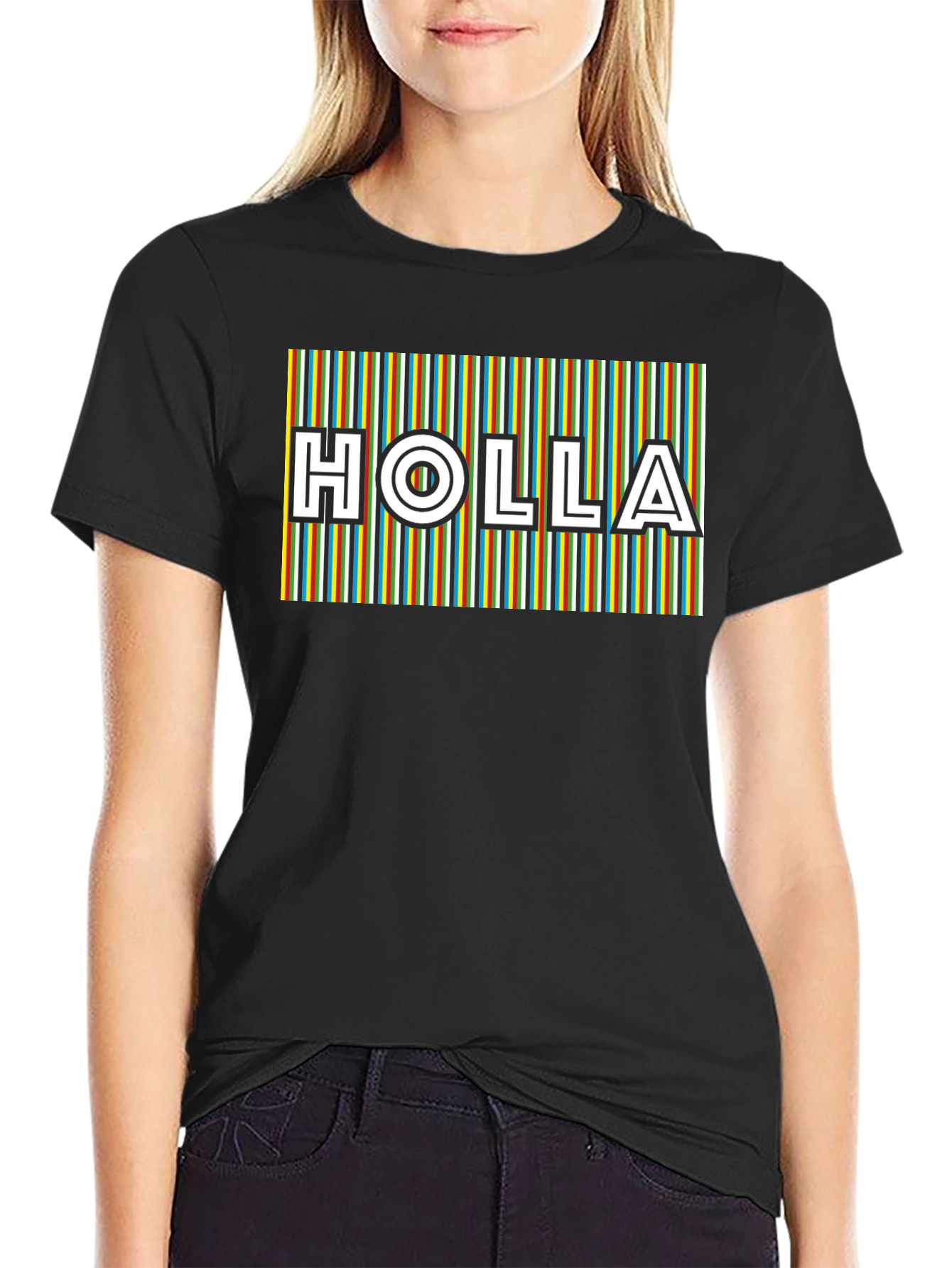 HOLLA Striped Graphic Tee - Mens Black T-Shirt
