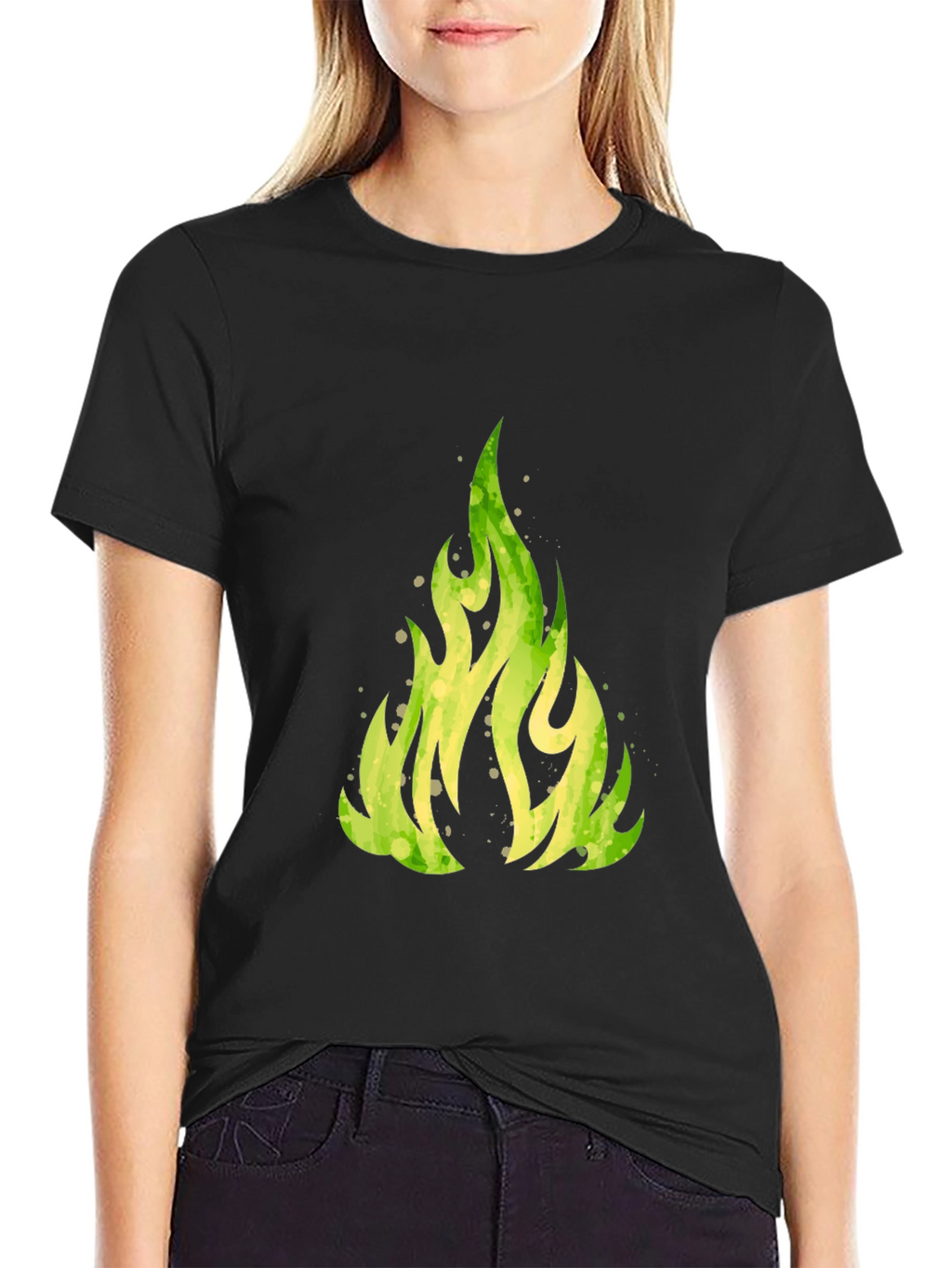 Green Flame Graphic Black T-Shirt