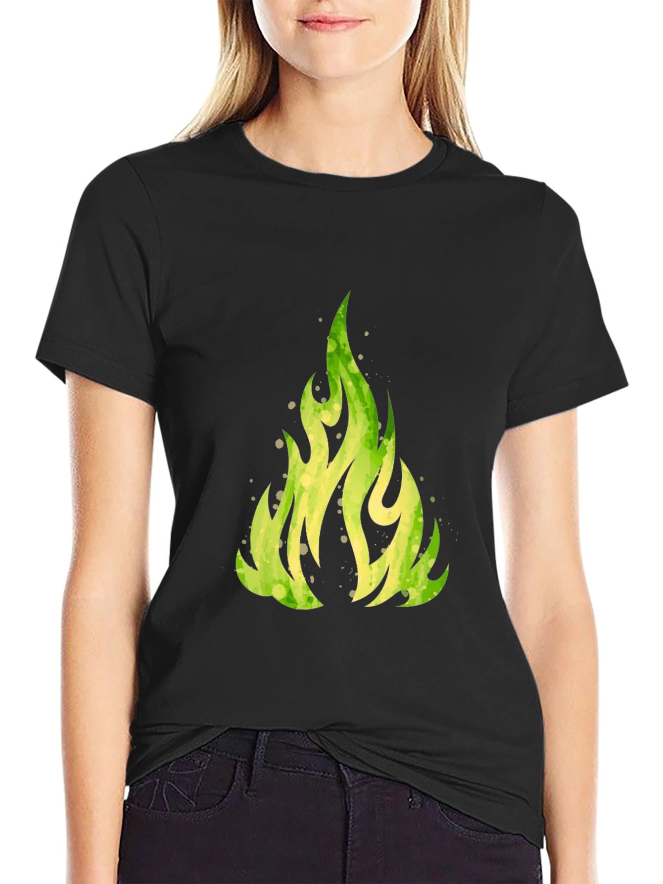Green Flame Graphic Black T-Shirt