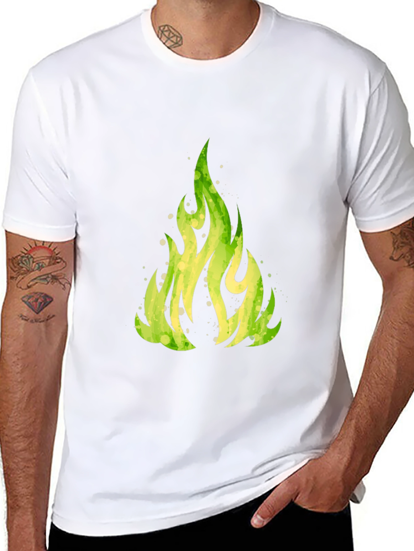 Green Flame Graphic Black T-Shirt