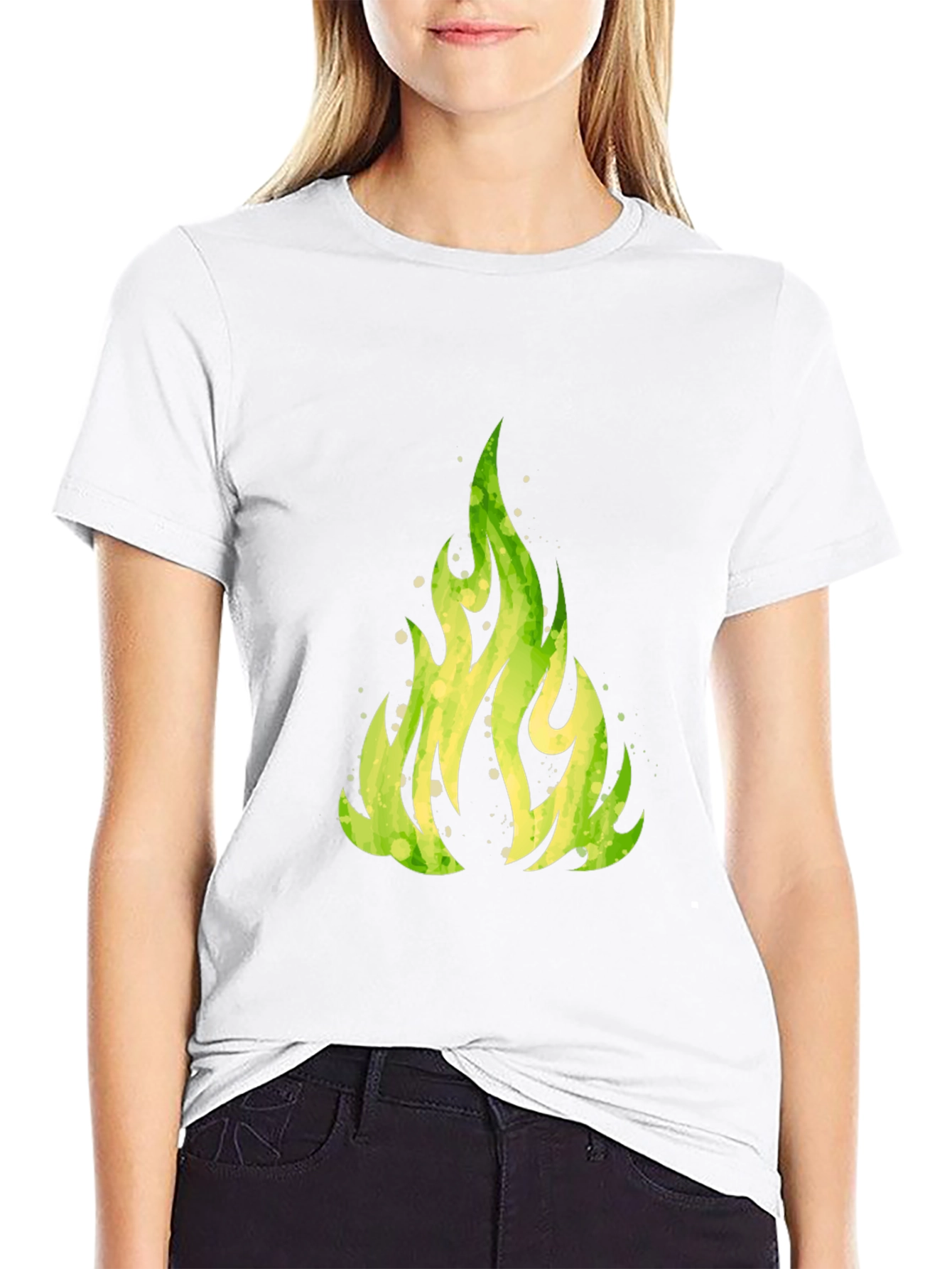 Green Flame Graphic Black T-Shirt