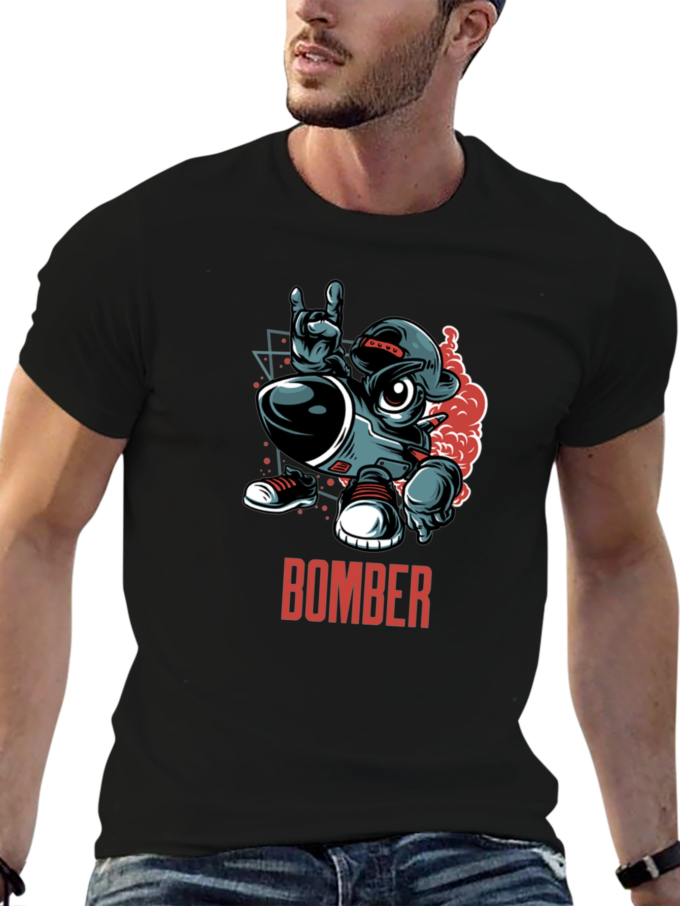 Bomber Cartoon Graphic T-Shirt - Black