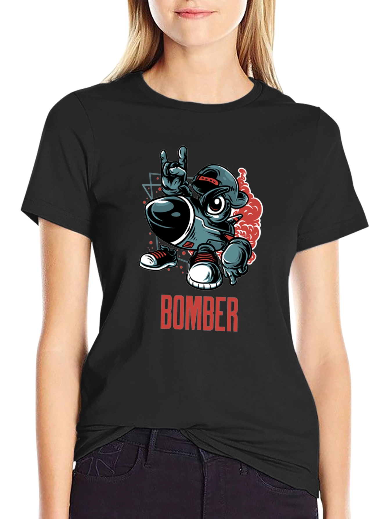 Bomber Cartoon Graphic T-Shirt - Black