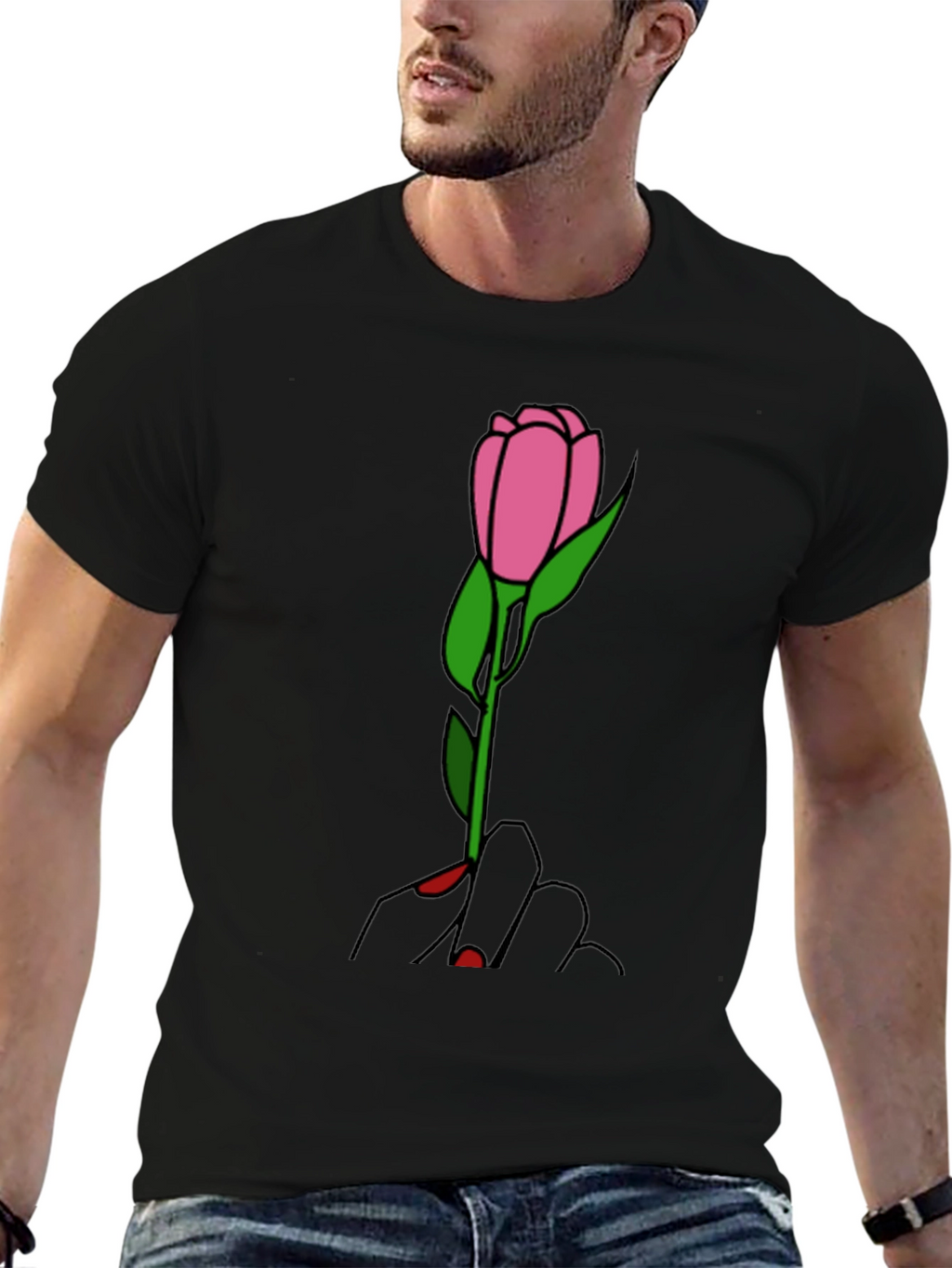 Rose Hand Graphic Tee - Stylish Black T-Shirt