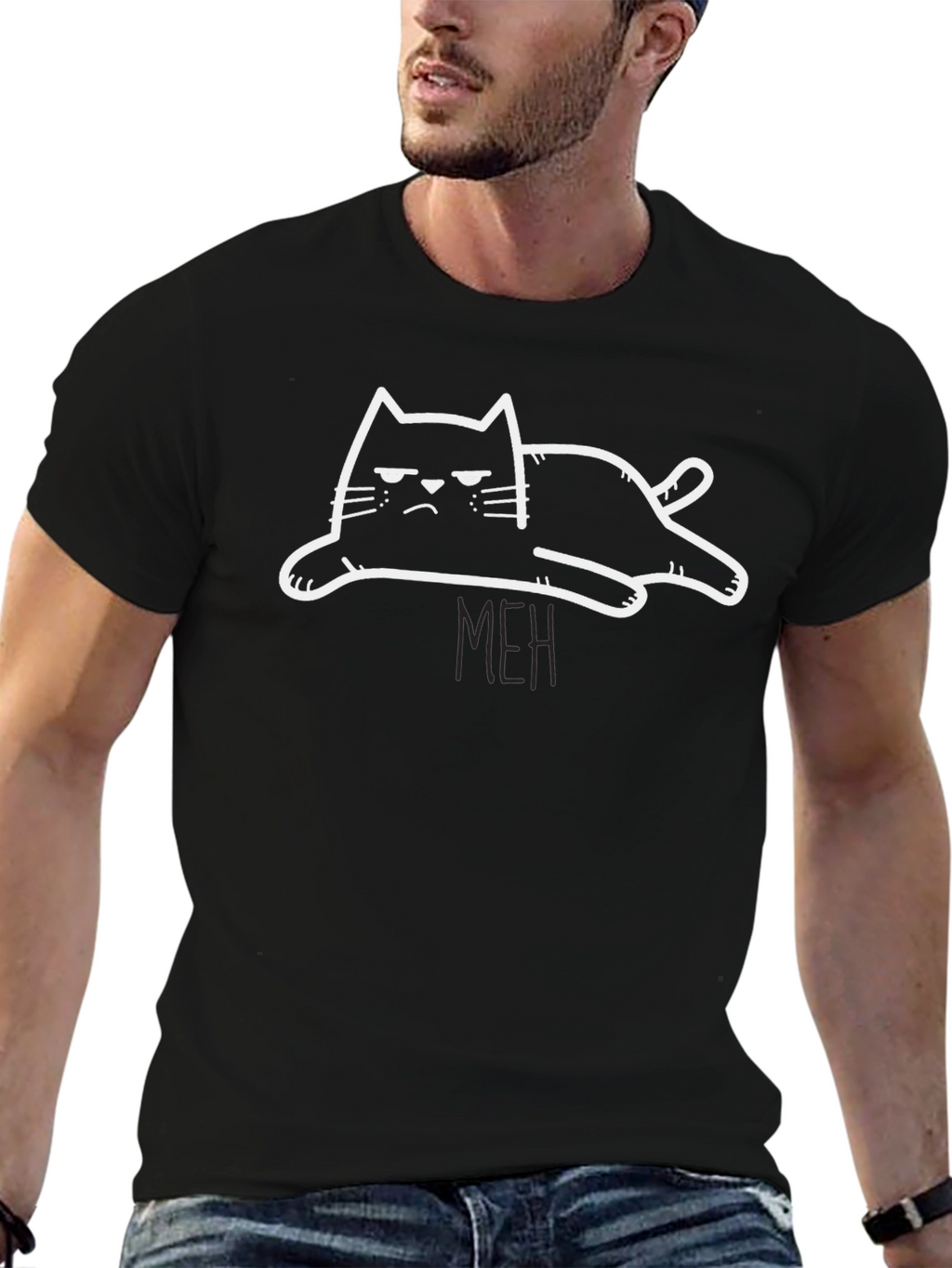 Meh Cat Graphic Tee - Black Cotton T-Shirt