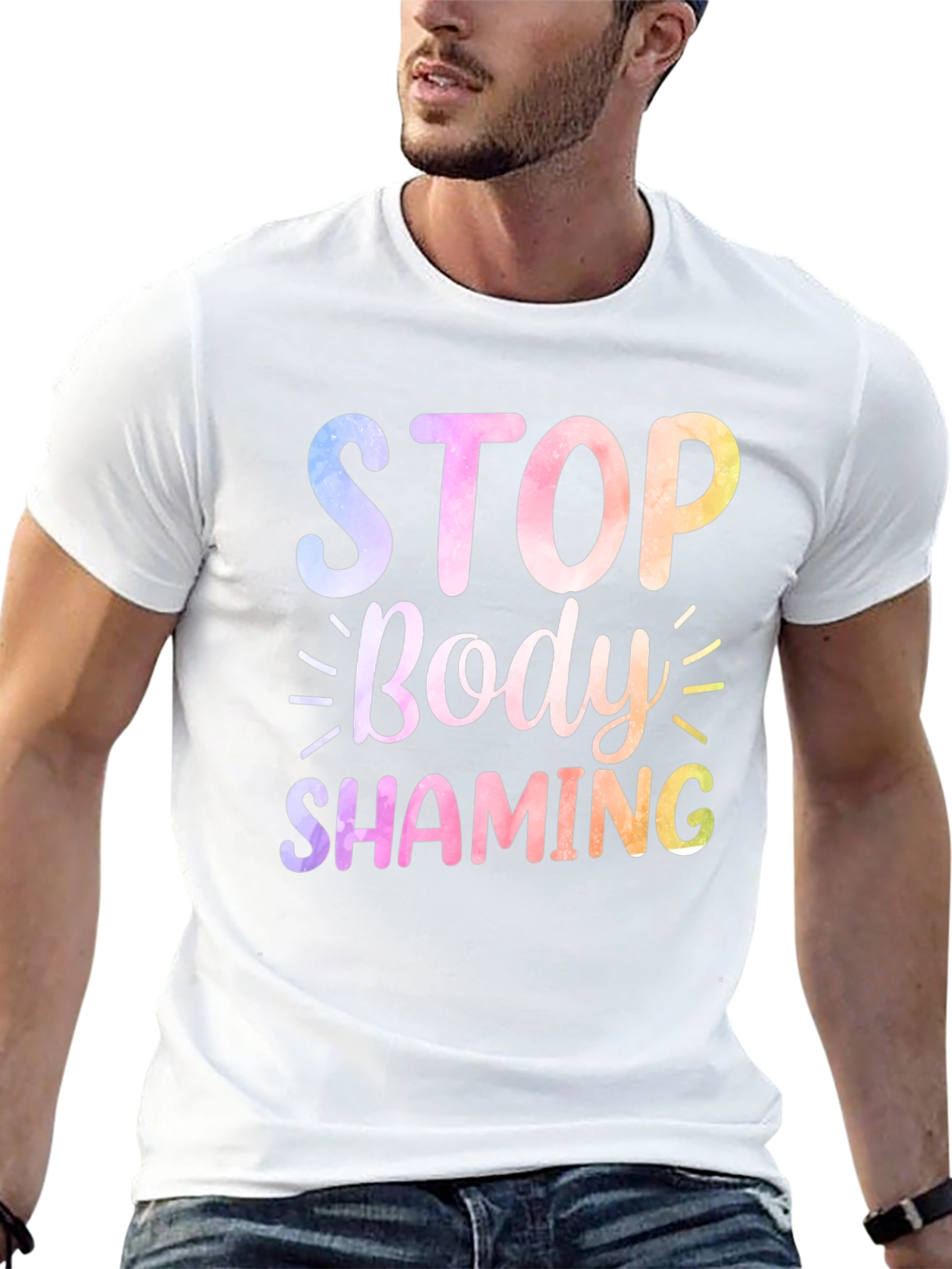 Stop Body Shaming Graphic Tee - Rainbow Print