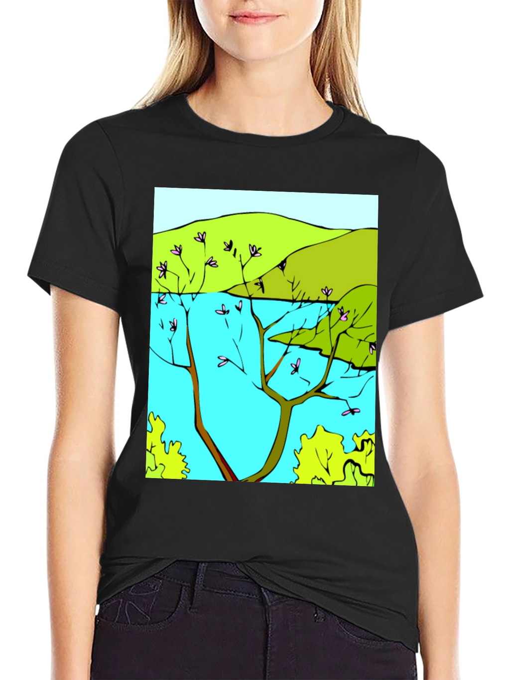 Nature Scene Graphic T-Shirt - Stylish Black Tee