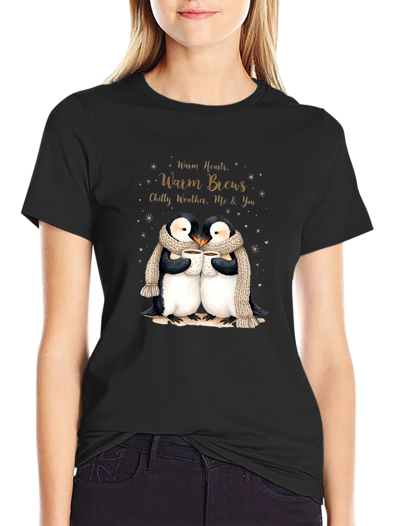 Penguin Love Black T-Shirt Warm Hearts Brews